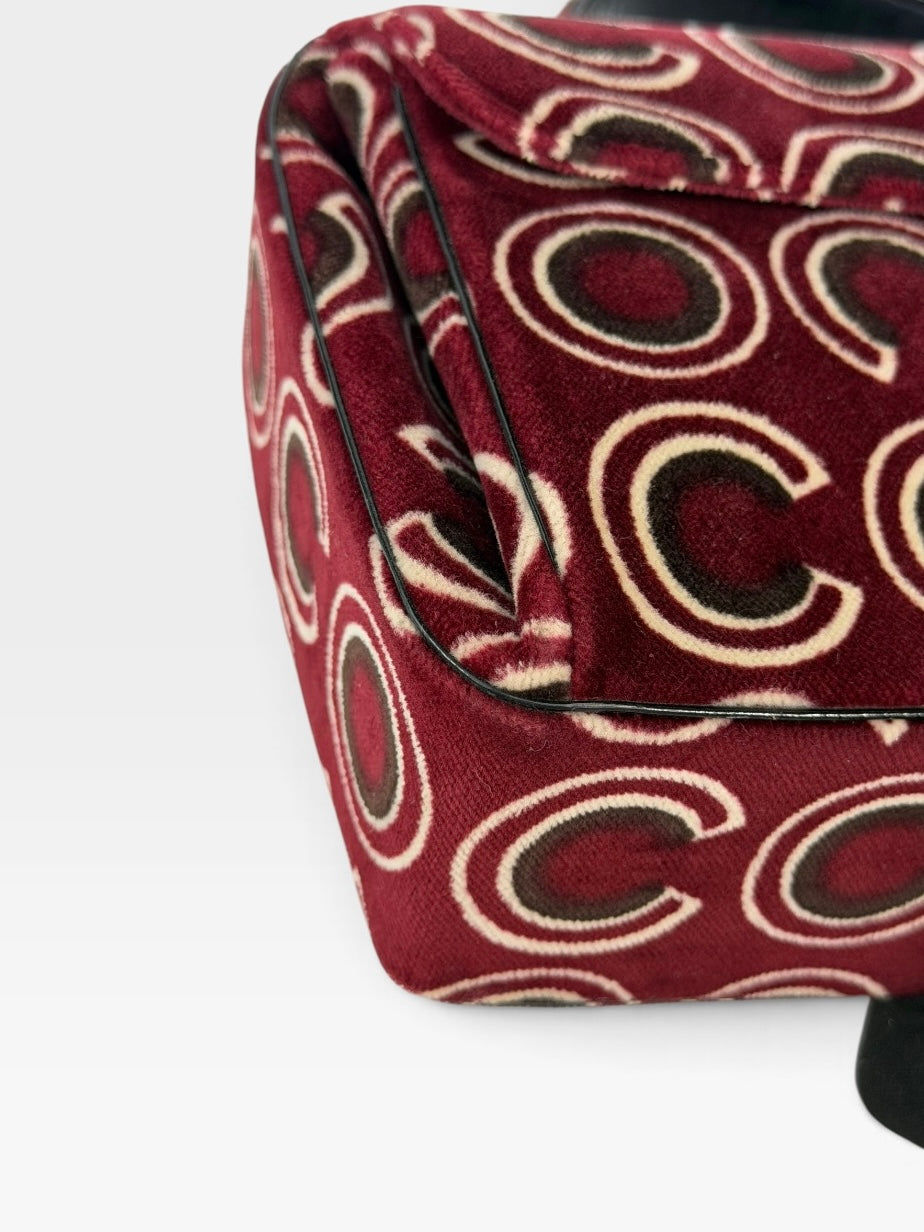 Chanel Coco Print Velvet Top Handle Flap In Burgundy With Gold Hardware