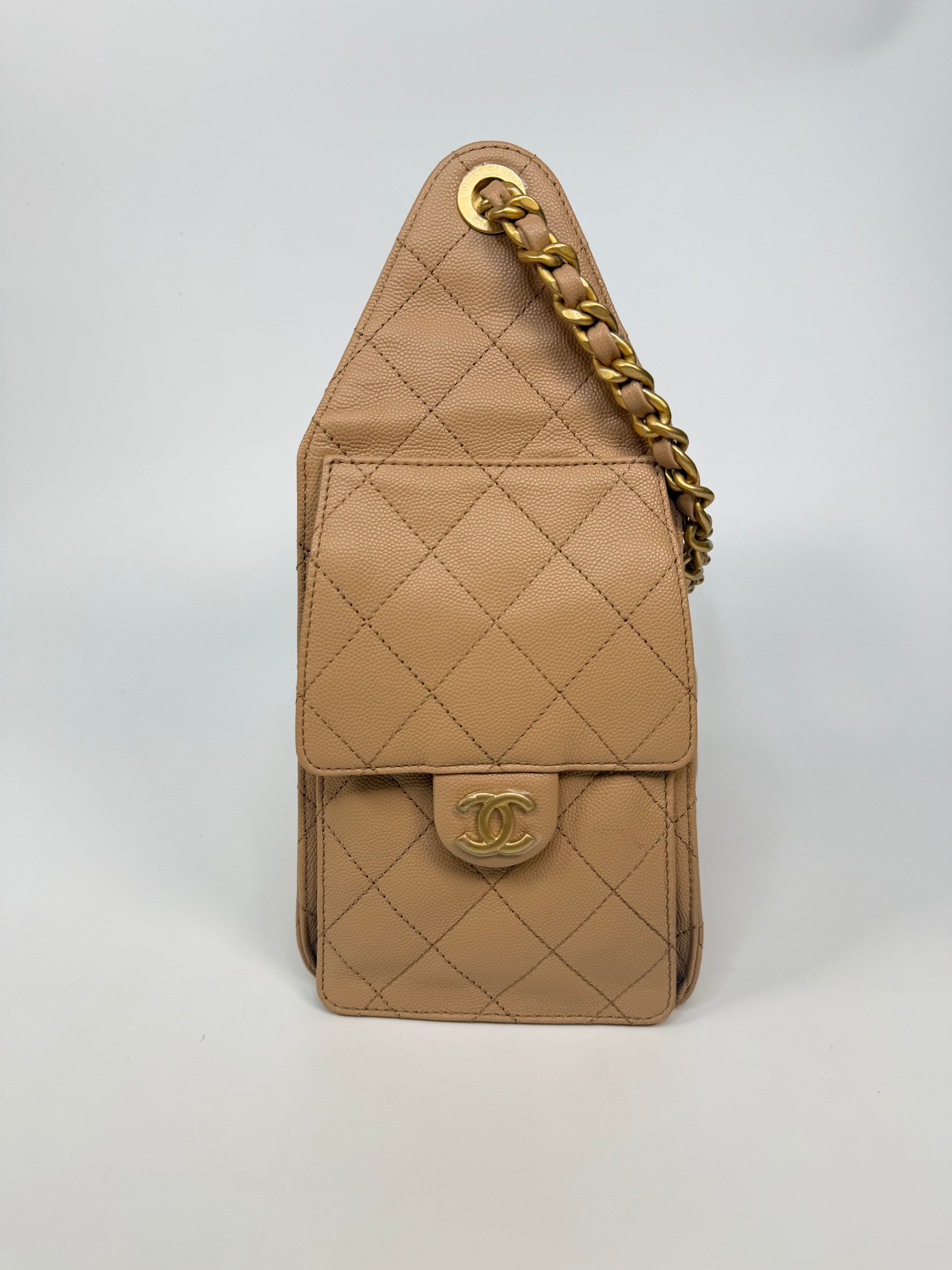 Chanel 25 Small In Beige Caviar Leather With Gold Hardware. 100% authentic and preloved in excellent condition