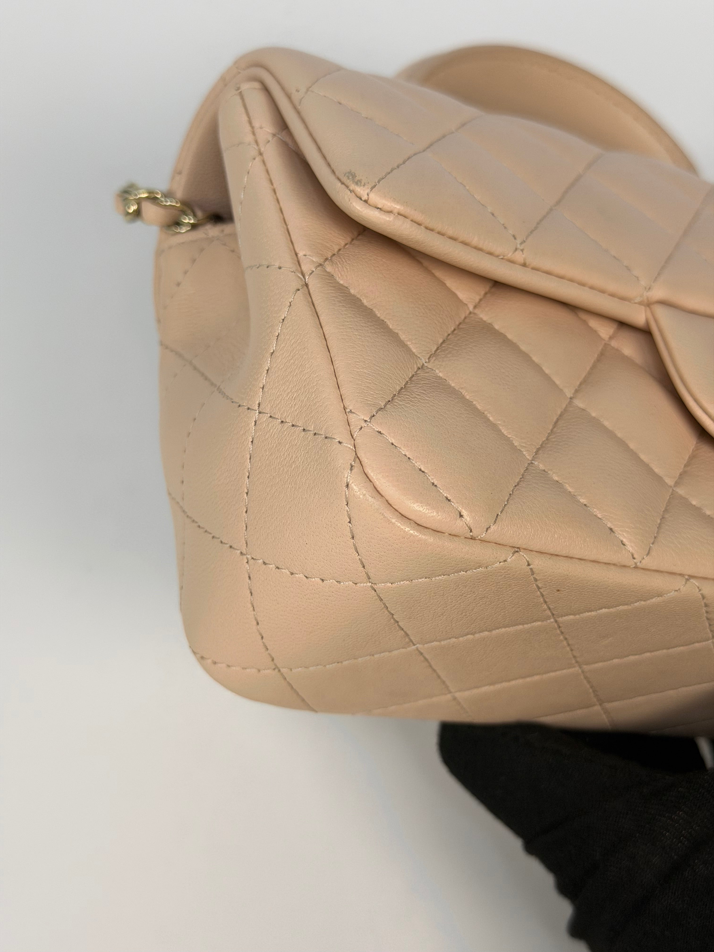 Chanel Mini Rectangle Top Handle In Light Beige Lambskin Leather With Gold Hardware