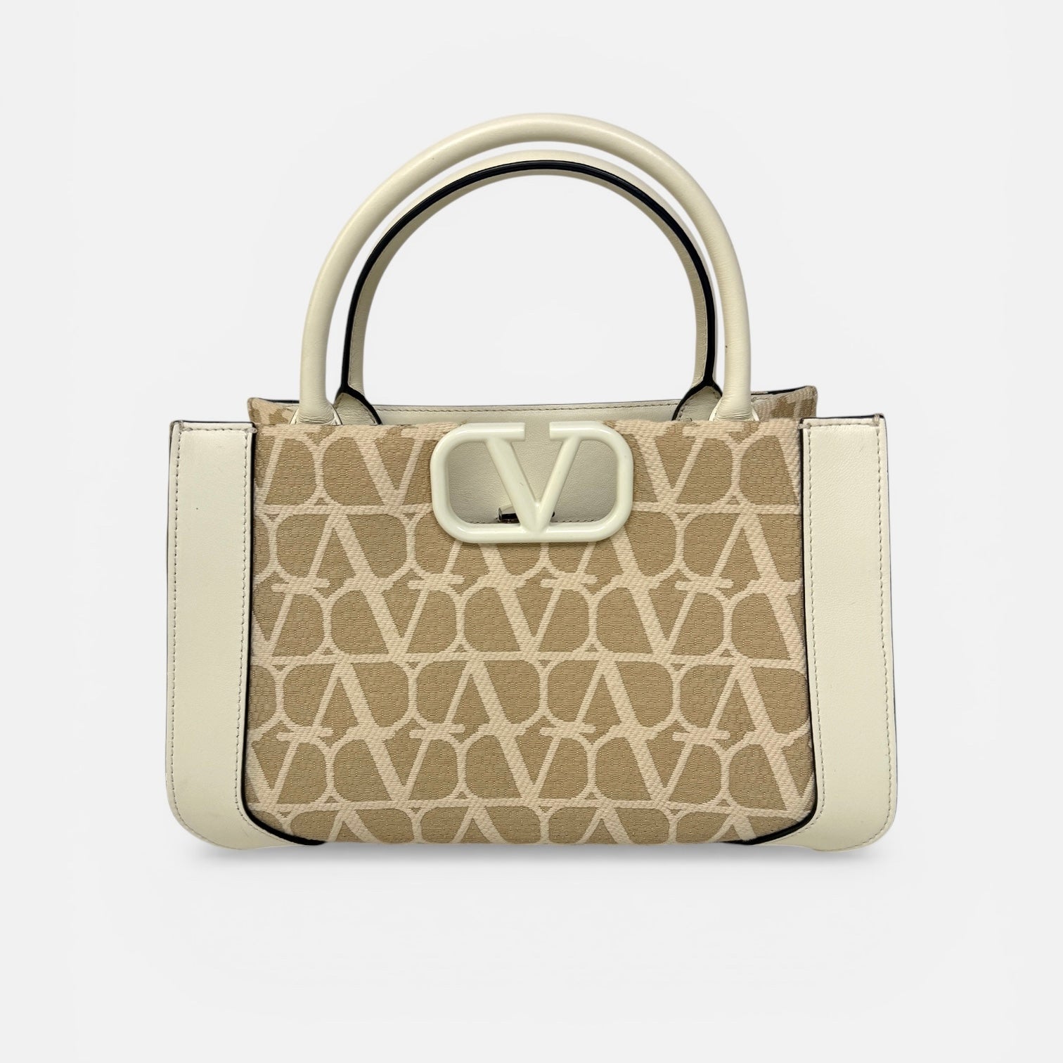 Valentino Garavani Canvas Tote In Beige Canvas and Leather With Gold Hardware