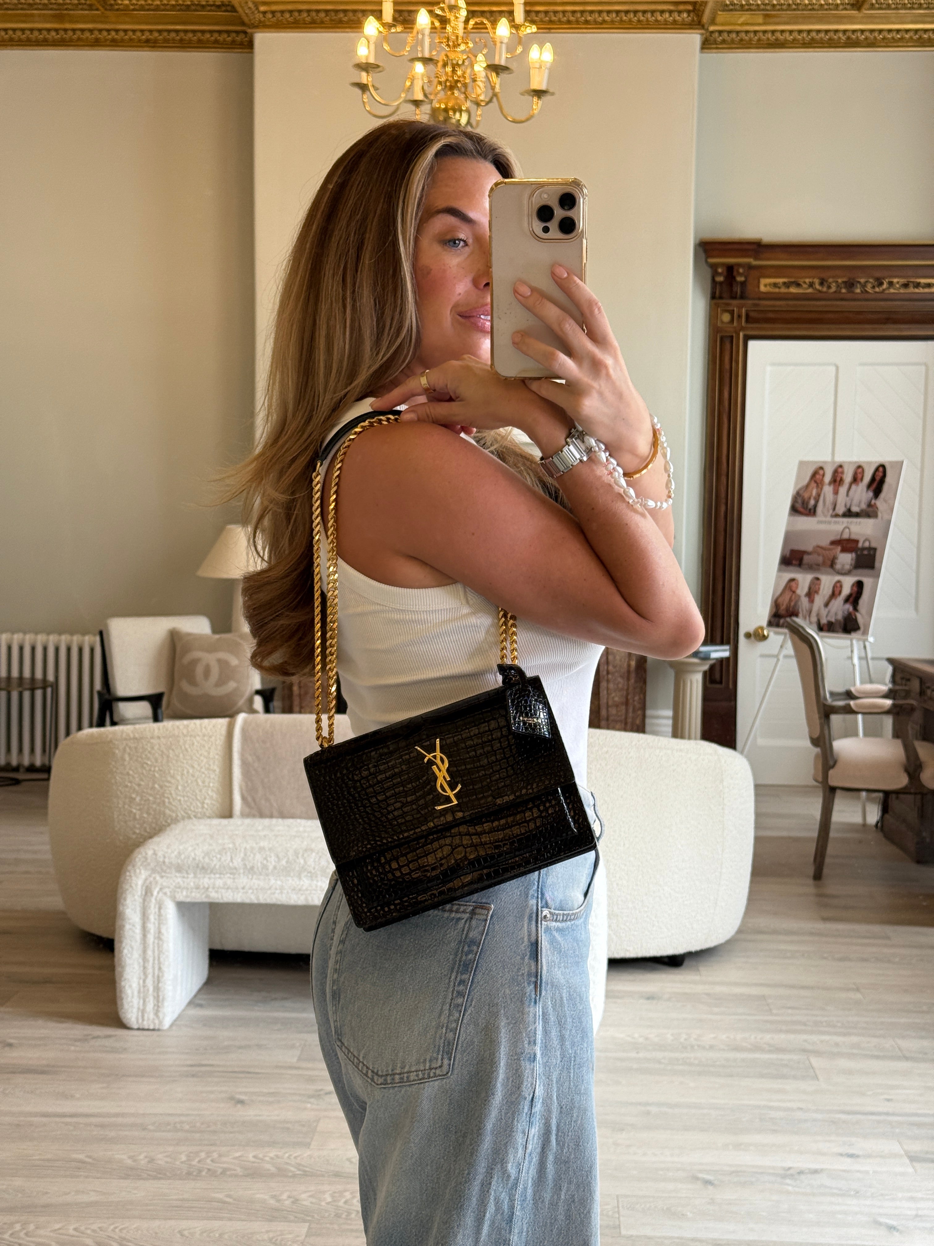 Saint Laurent Black Croc Embossed Sunset Bag