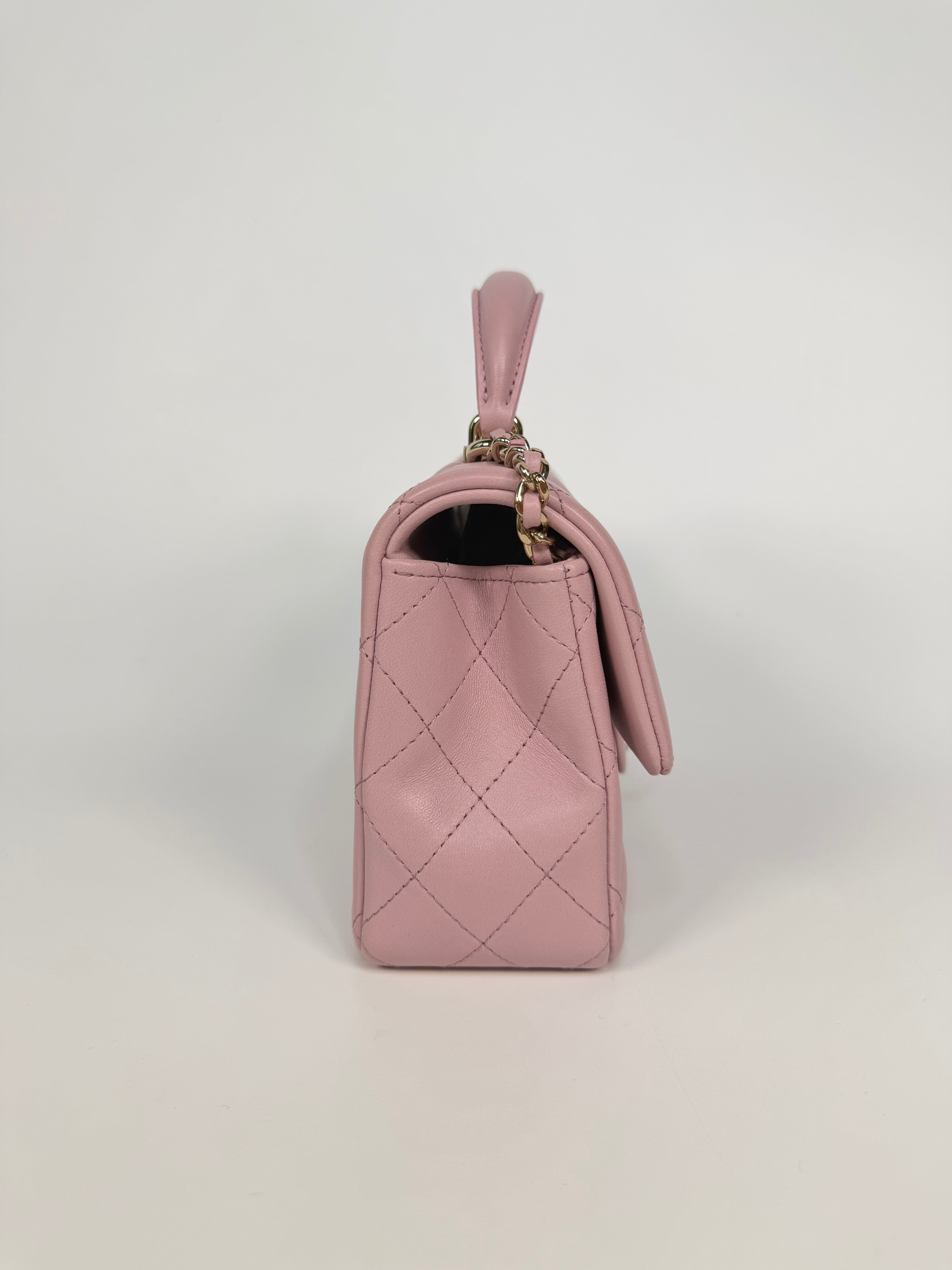 Chanel Mini Rectangle Top Handle In Pink Lambskin Leather With Pale Gold Hardware. 100% authentic and preloved in excellent condition