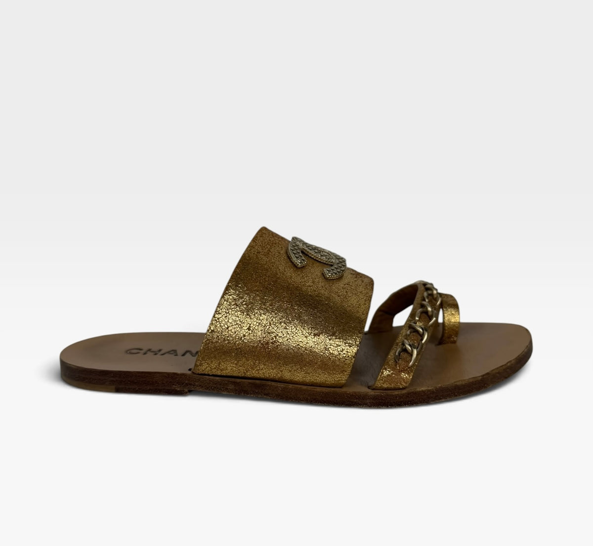 Chanel Sandals In Metallic Gold (Size 39.5/UK 6.5) 100% authentic and preloved in excellent condition