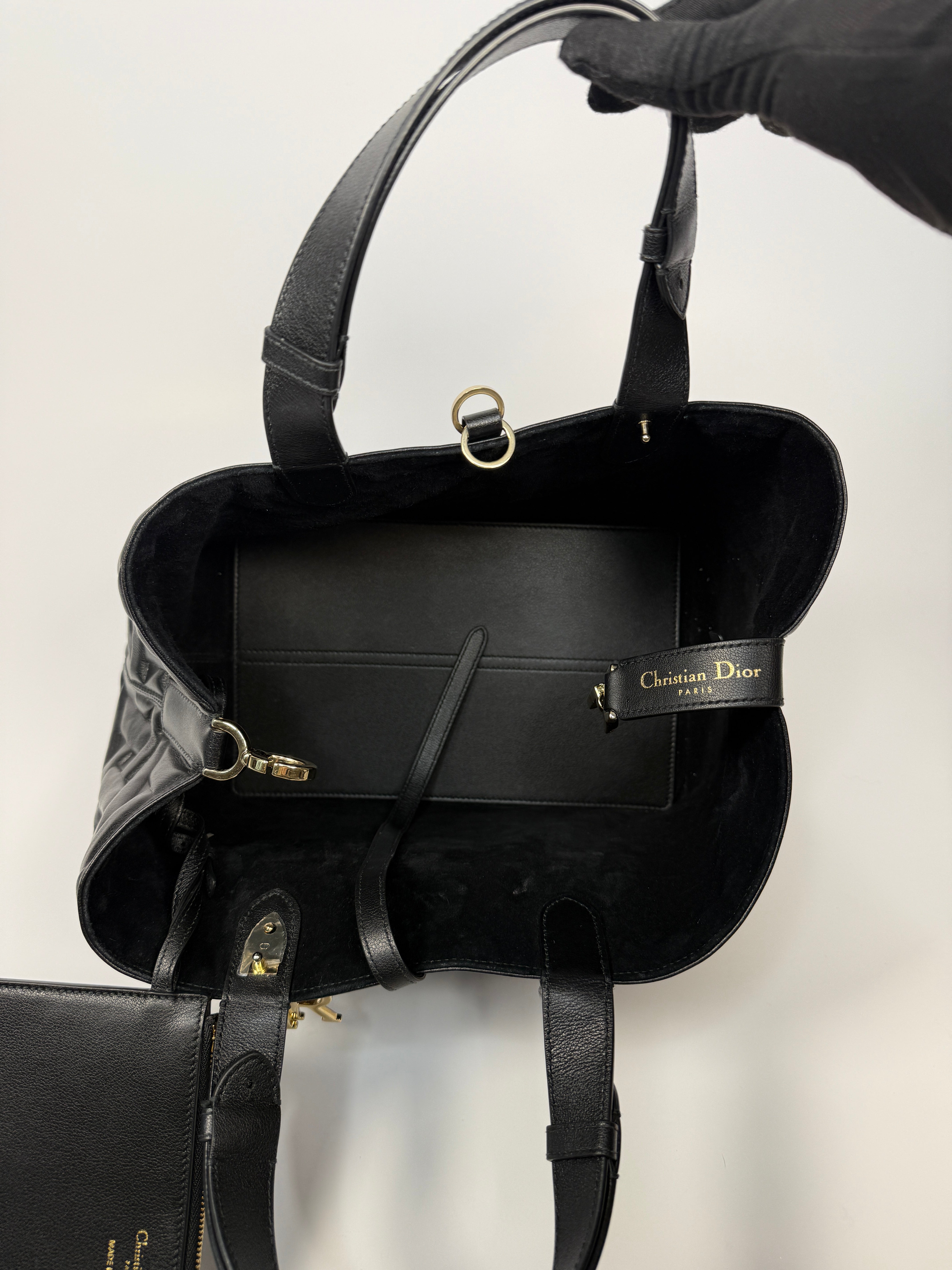 Christian Dior Medium Dior Toujours Bag in black calfskin with gold hardware, authentic and preloved in excellent condition