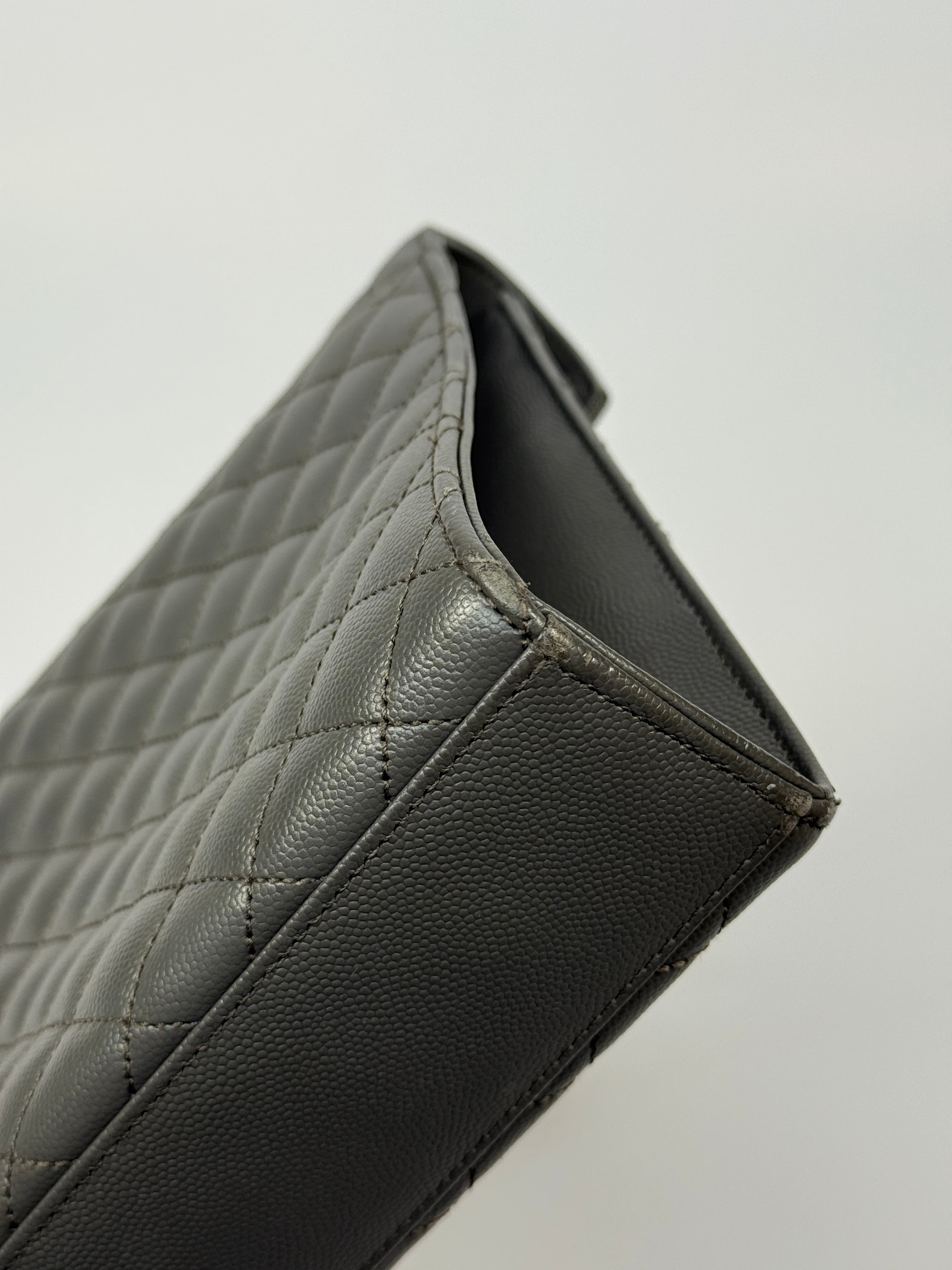 Saint Laurent Large Envelope Shoulder Bag In Grey Grained Leather With Silver Hardware. Excellent condition. Authentic and preloved.