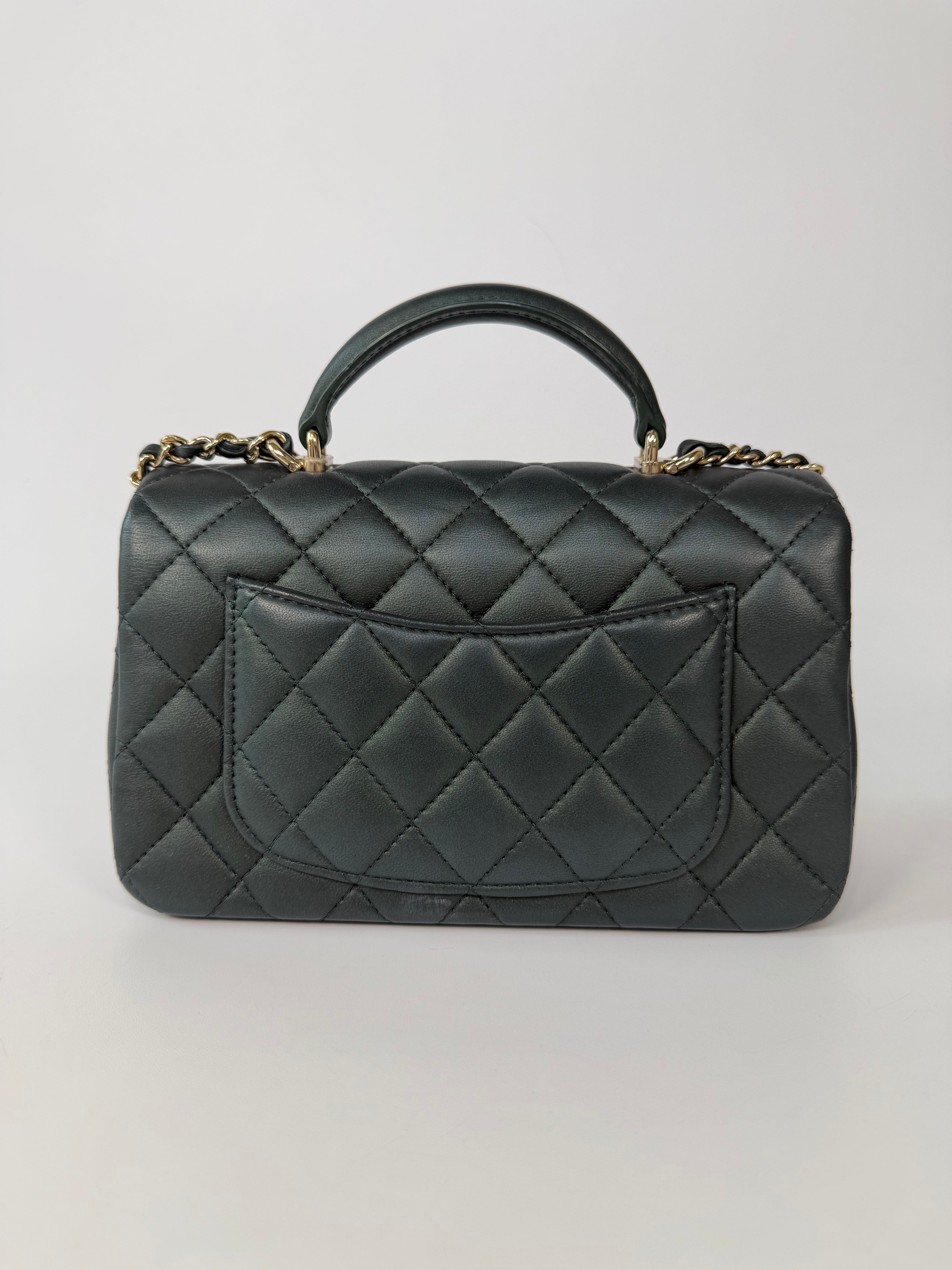 Chanel Mini Rectangle Top Handle In Metallic Green Lambskin Leather Gold Hardware. 100% authentic and preloved in excellent condition.
