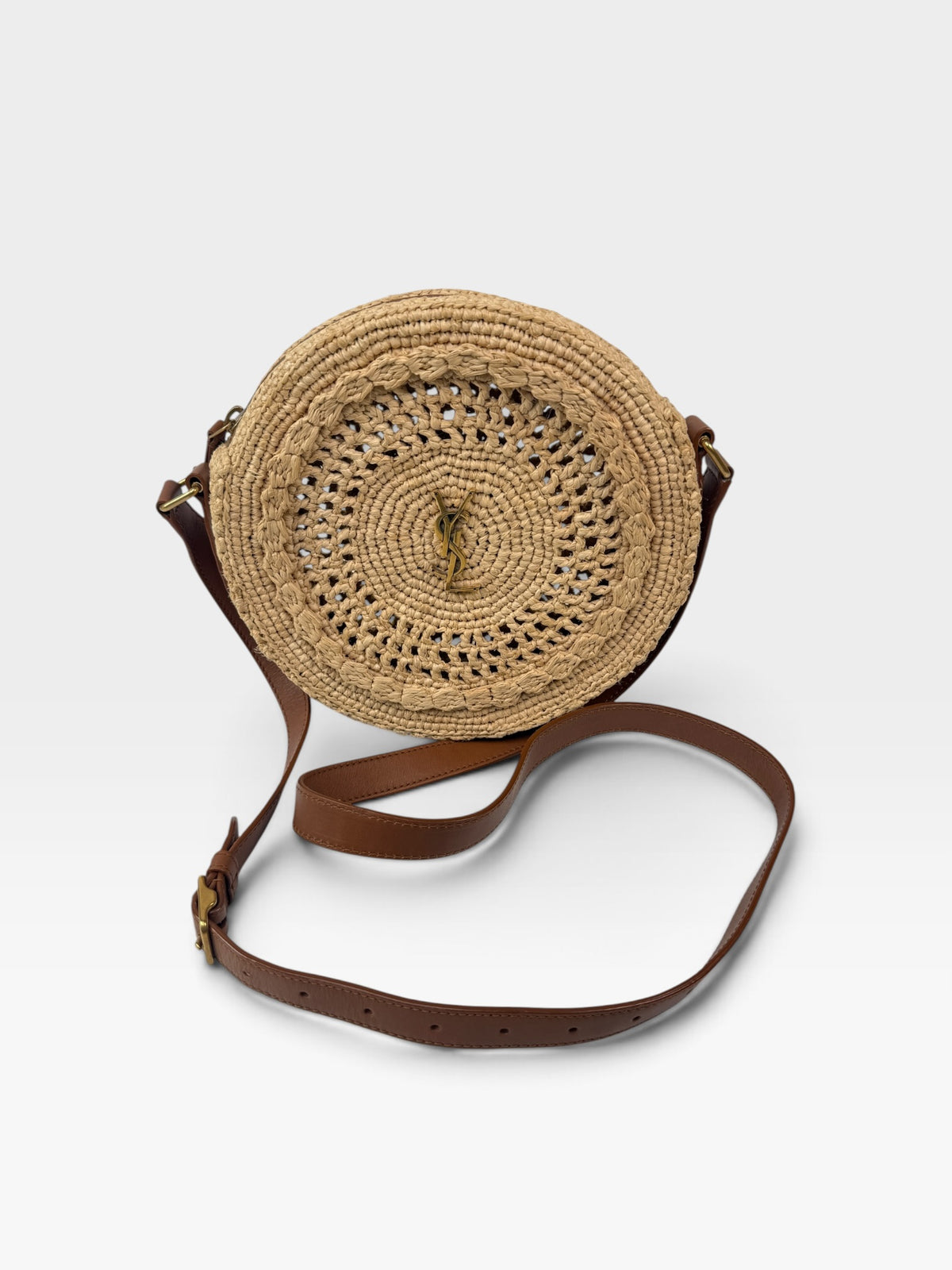 Saint Laurent Round Raffia Crossbody Bag With Gold Hardware. 100% authentic and preloved in excellent condition