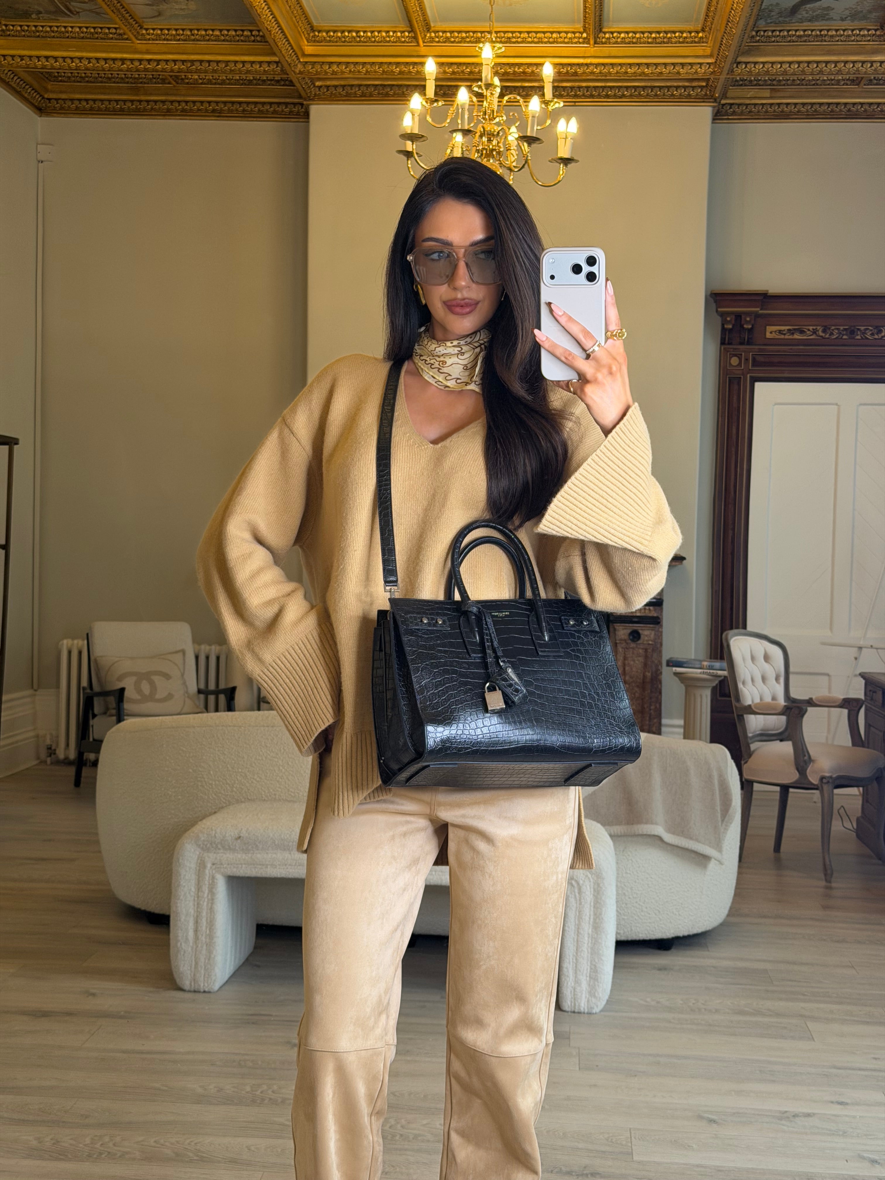 Saint Laurent Large Sac De Jour In Black Croc Embossed Leather With Silver hardware In excellent preloved condition Authentic and preloved.