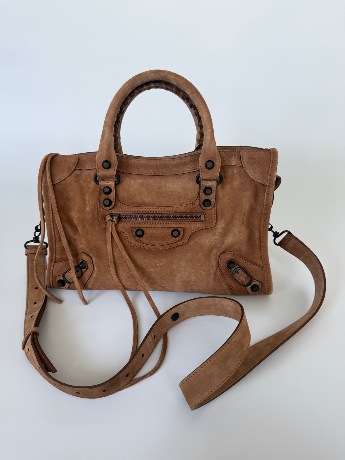 Balenciaga Le City Small Bag In Camel Suede Verified by Luxe Cheshire. Trusted designer resale.