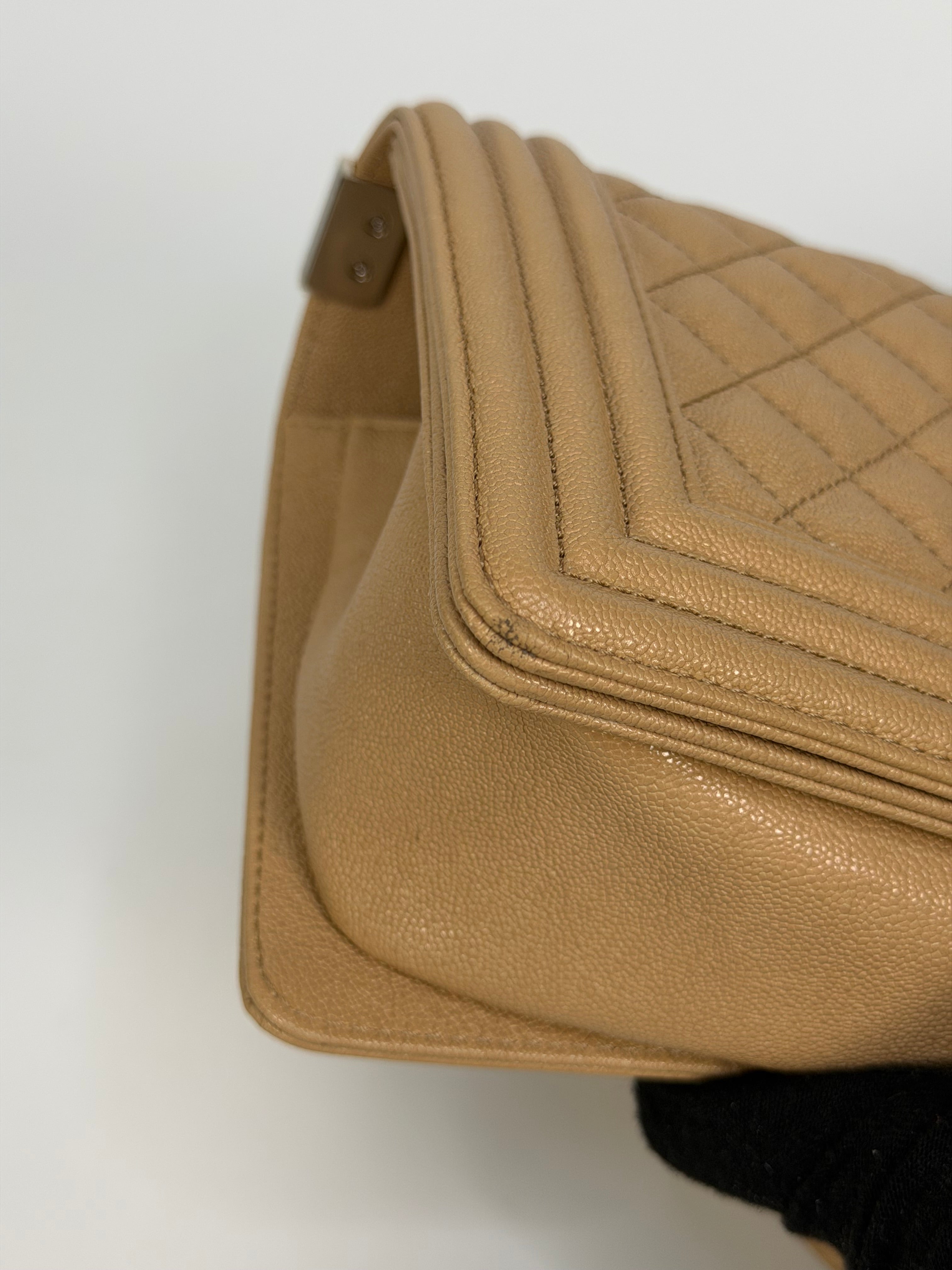 Chanel Medium Boy Bag Beige Caviar With Silver Hardware. Authentic and preloved in excellent condition
