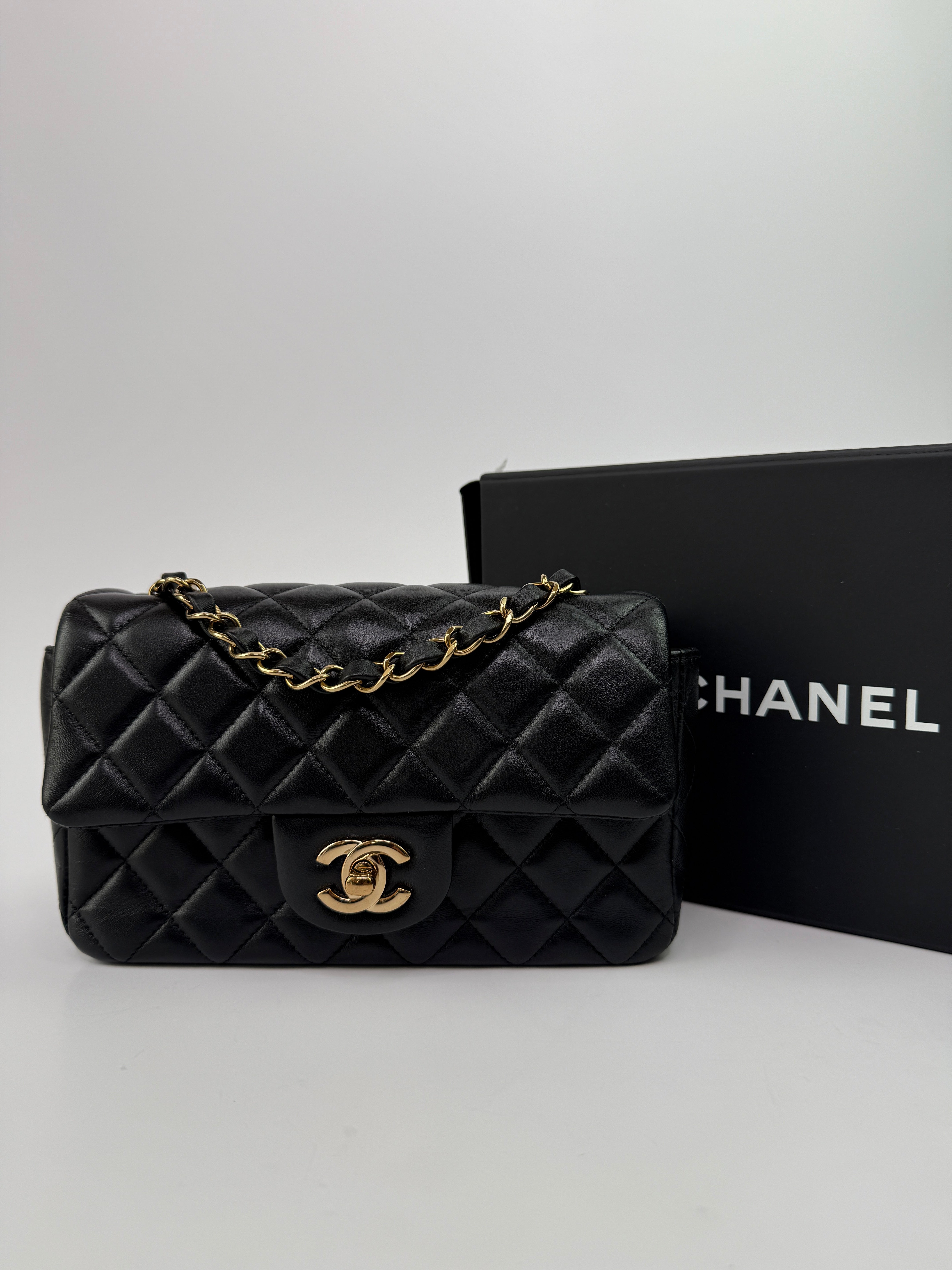 Chanel Mini Rectangle In Black Lambskin With GHW