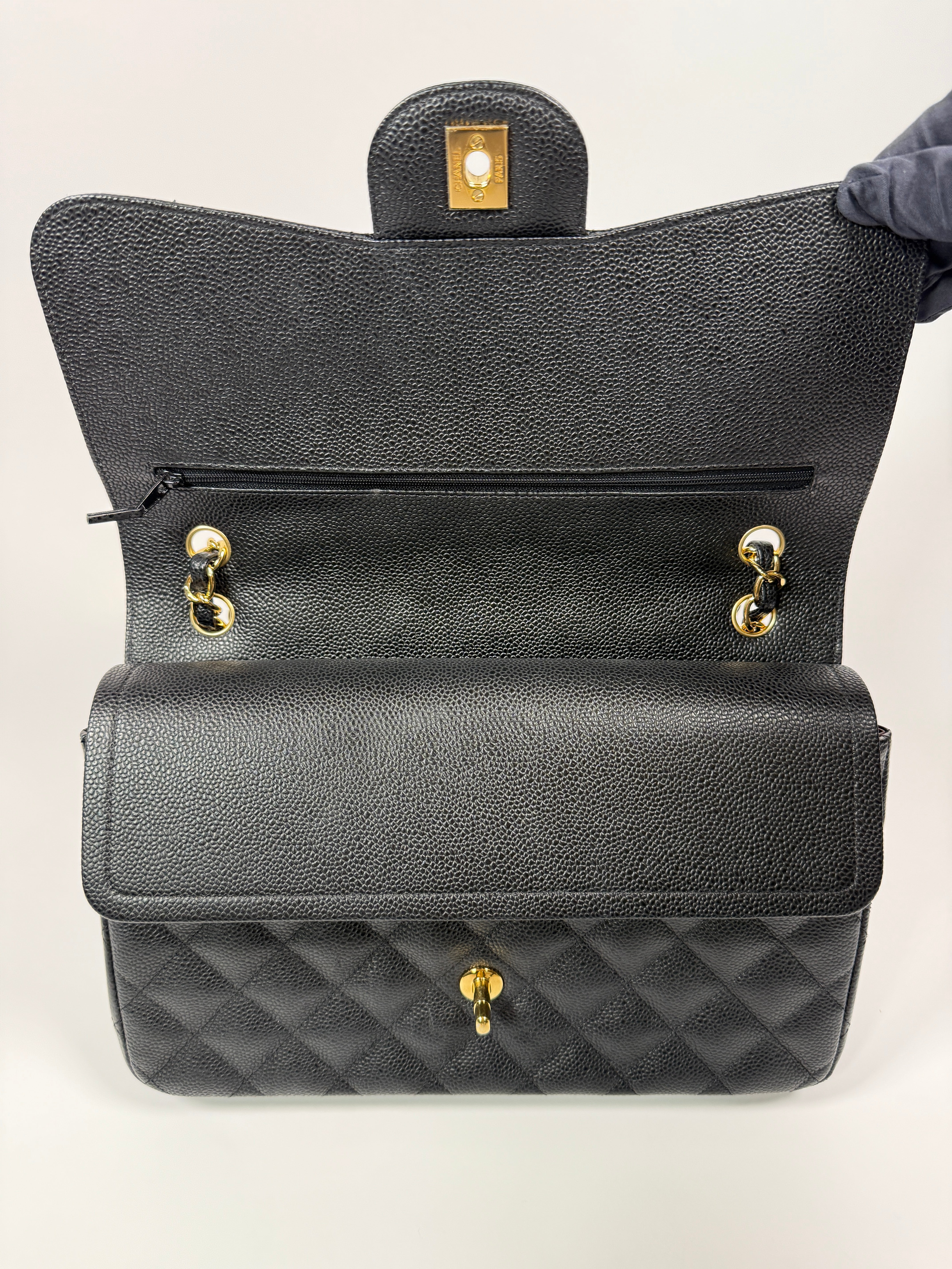 Chanel Classic Jumbo Flap Bag In Black Caviar Leather With GHW