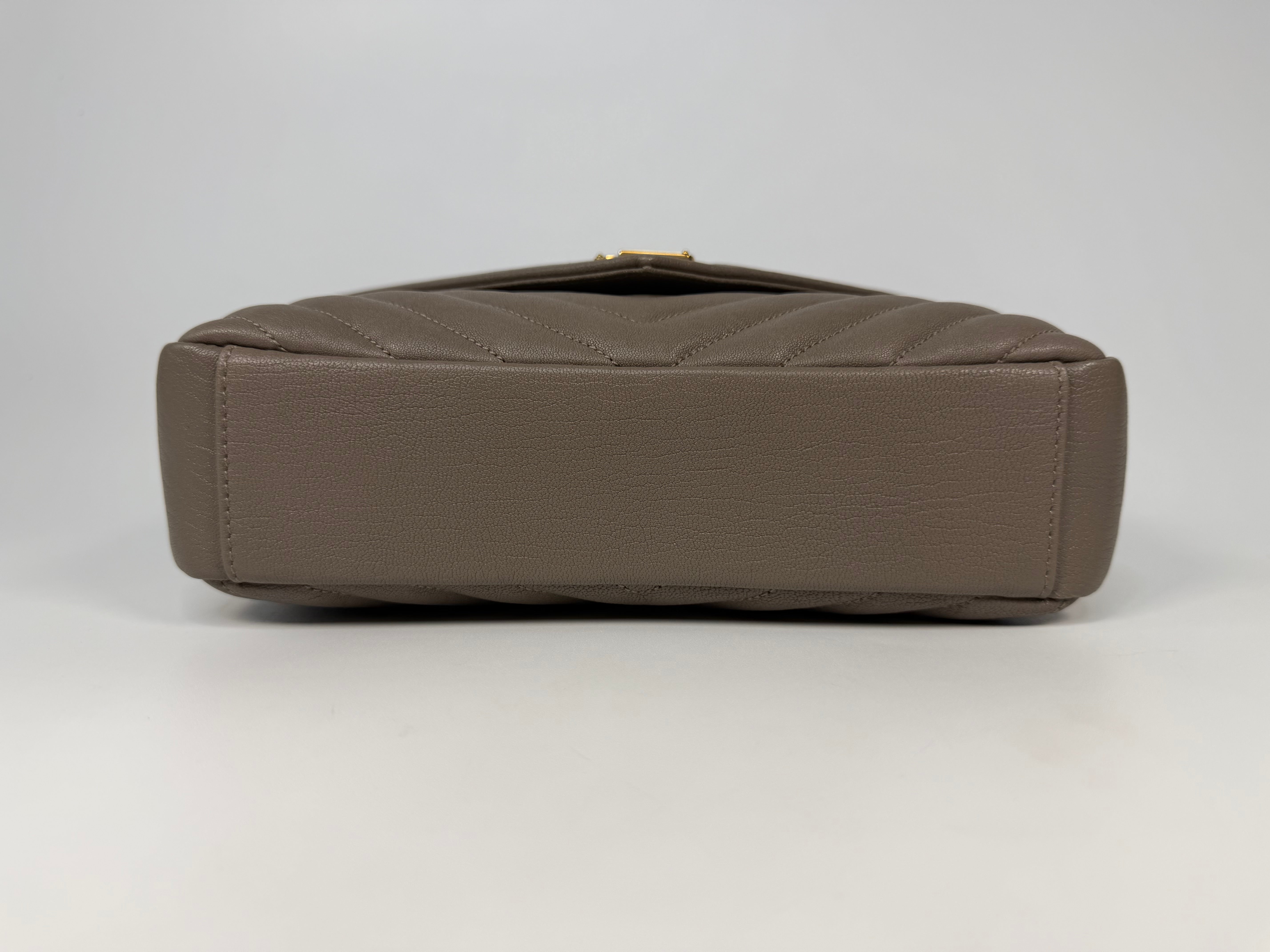 Saint Laurent Medium College Bag In Taupe Leather Gold Hardware. Authentic and preloved in new unused condition. Insured next day delivery. Verified by luxe cheshire