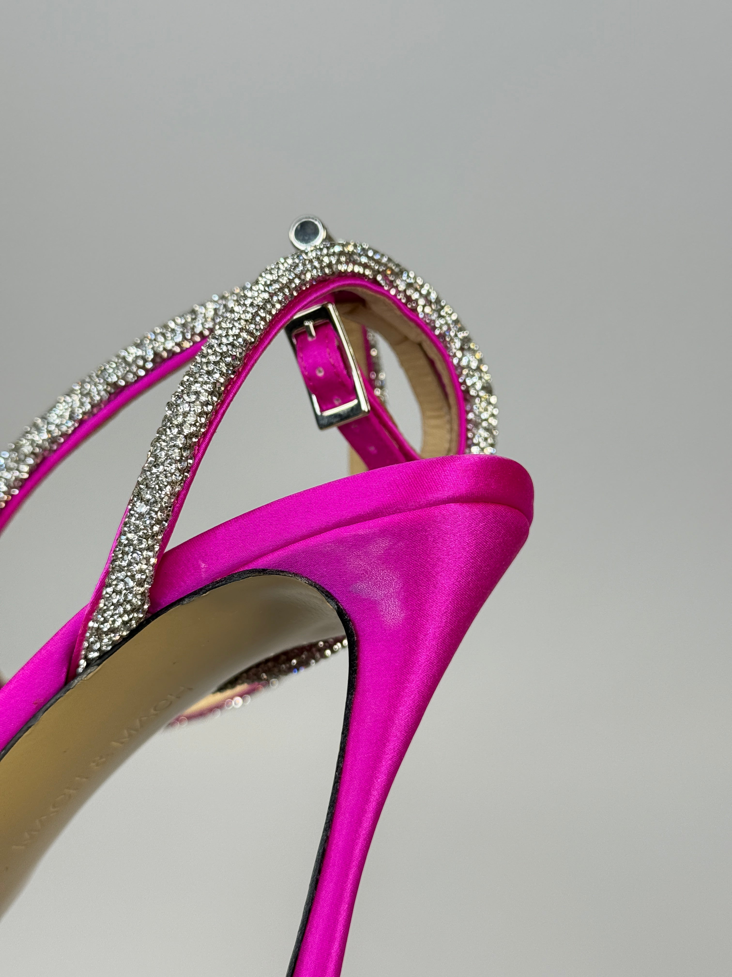 Mach & Mach Bow Crystal-Embellished Pink Satin Heeled Sandals (Size 37/UK5) Very Good Condition. Authentic and pre loved.