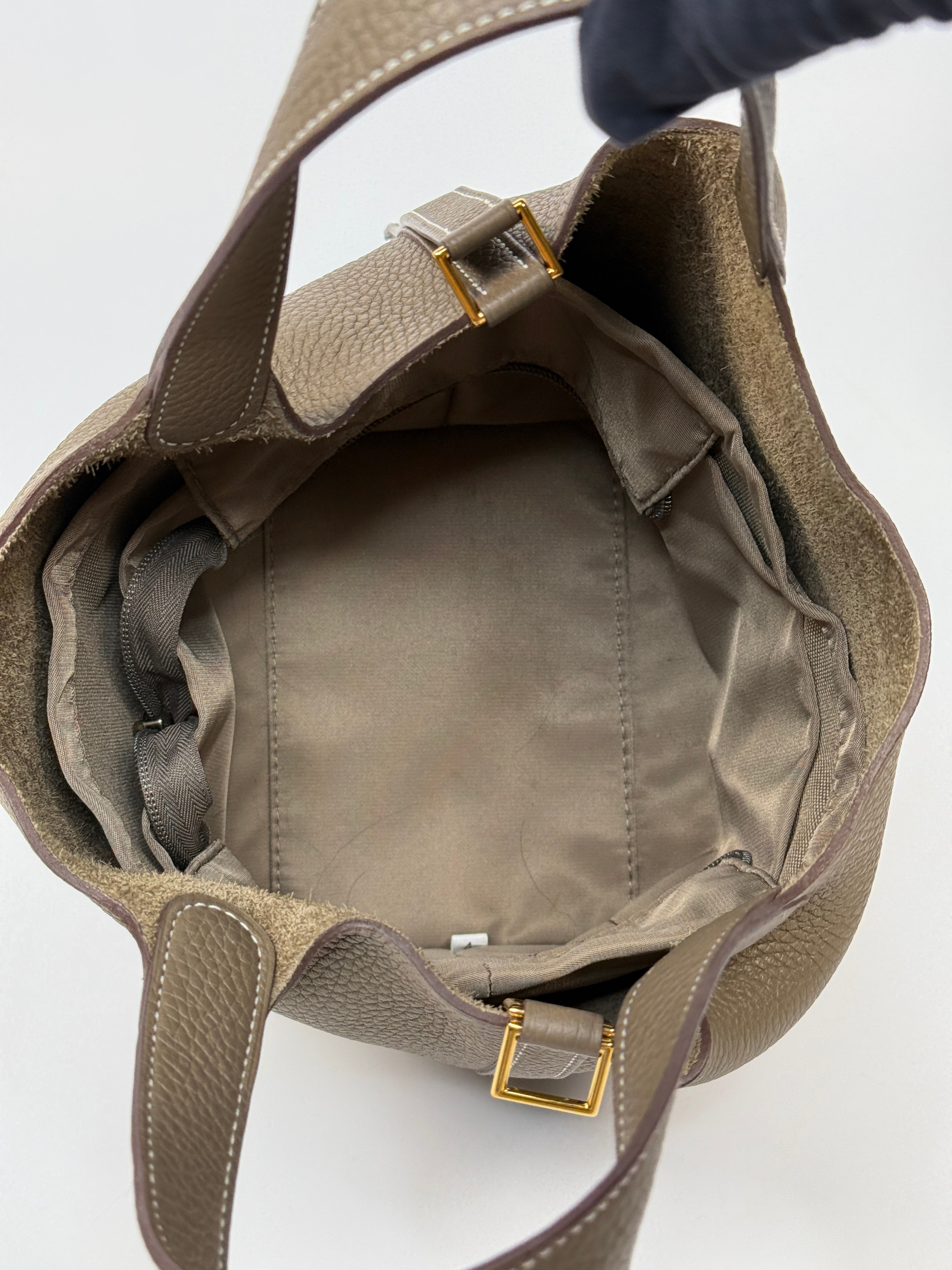 Authentic Pre Loved Hermès Picotin 18 In Etoupe Clemence Leather With Gold Hardware Excellent Condition