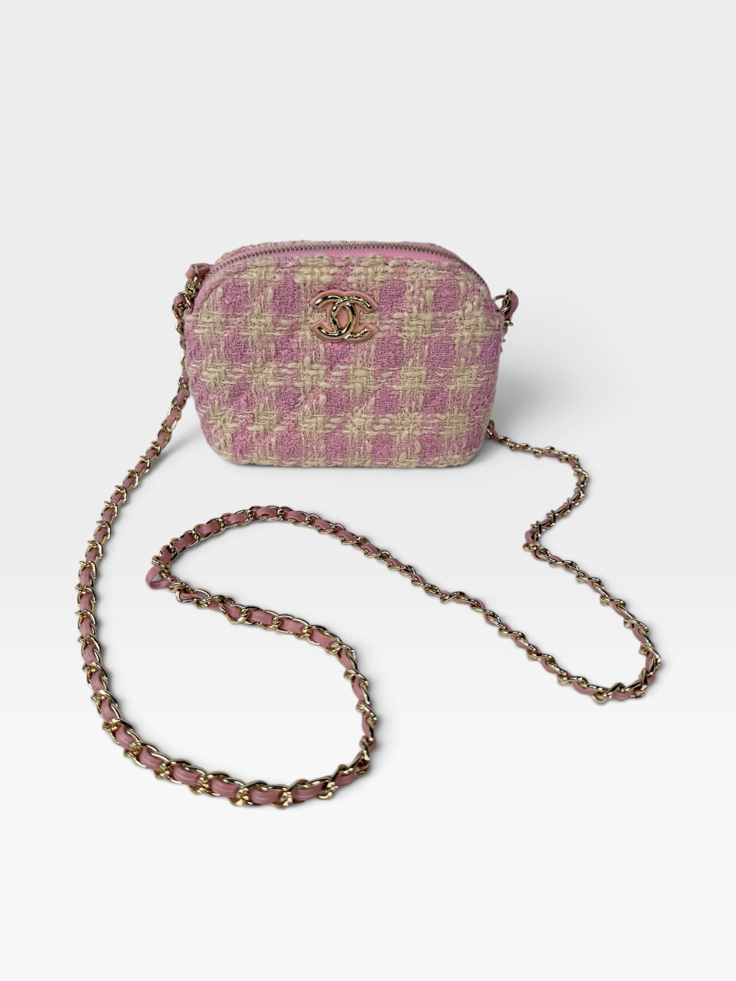 Chanel Mini Pouch On Chain Bag In Pink Tweed With Gold Hardware. 100% authentic and preloved in excellent condition.