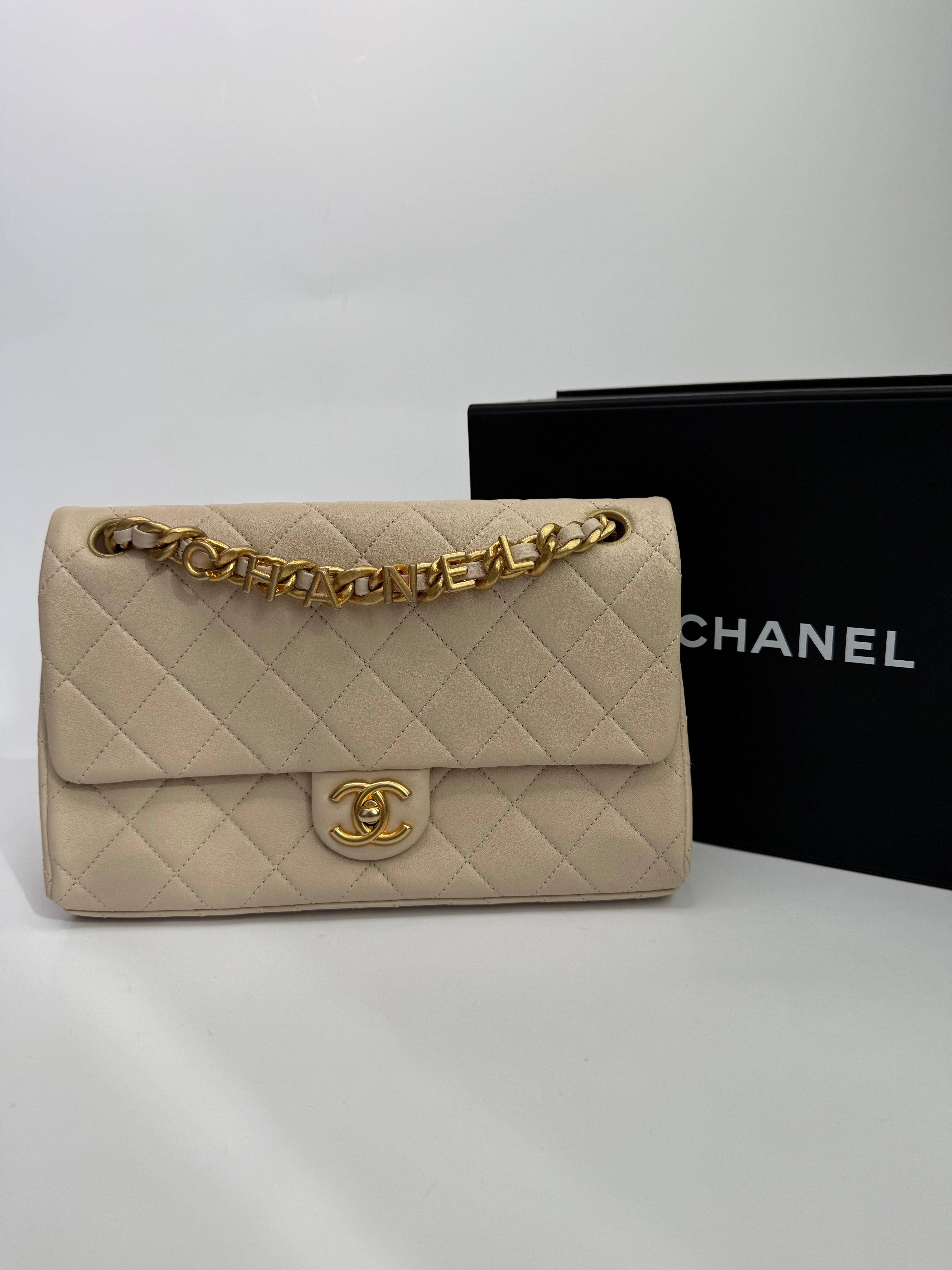 Chanel Medium Quilted Lambskin Logo Letters Touch Chain Flap Bag