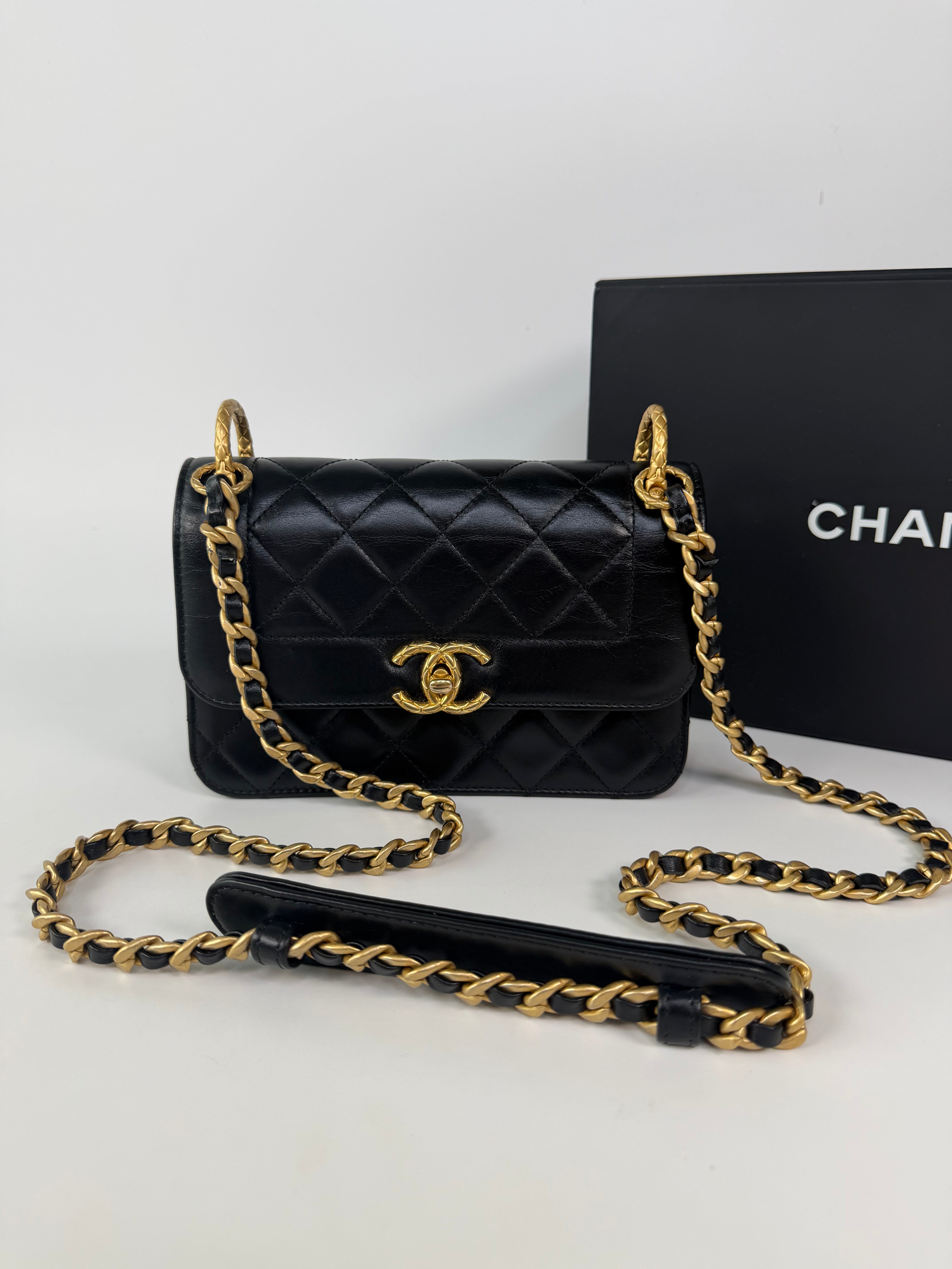 Chanel Mini Perfect Fit Flap In Black Lambskin With Antique Gold Hardware 100% authentic and preloved in excellent condition