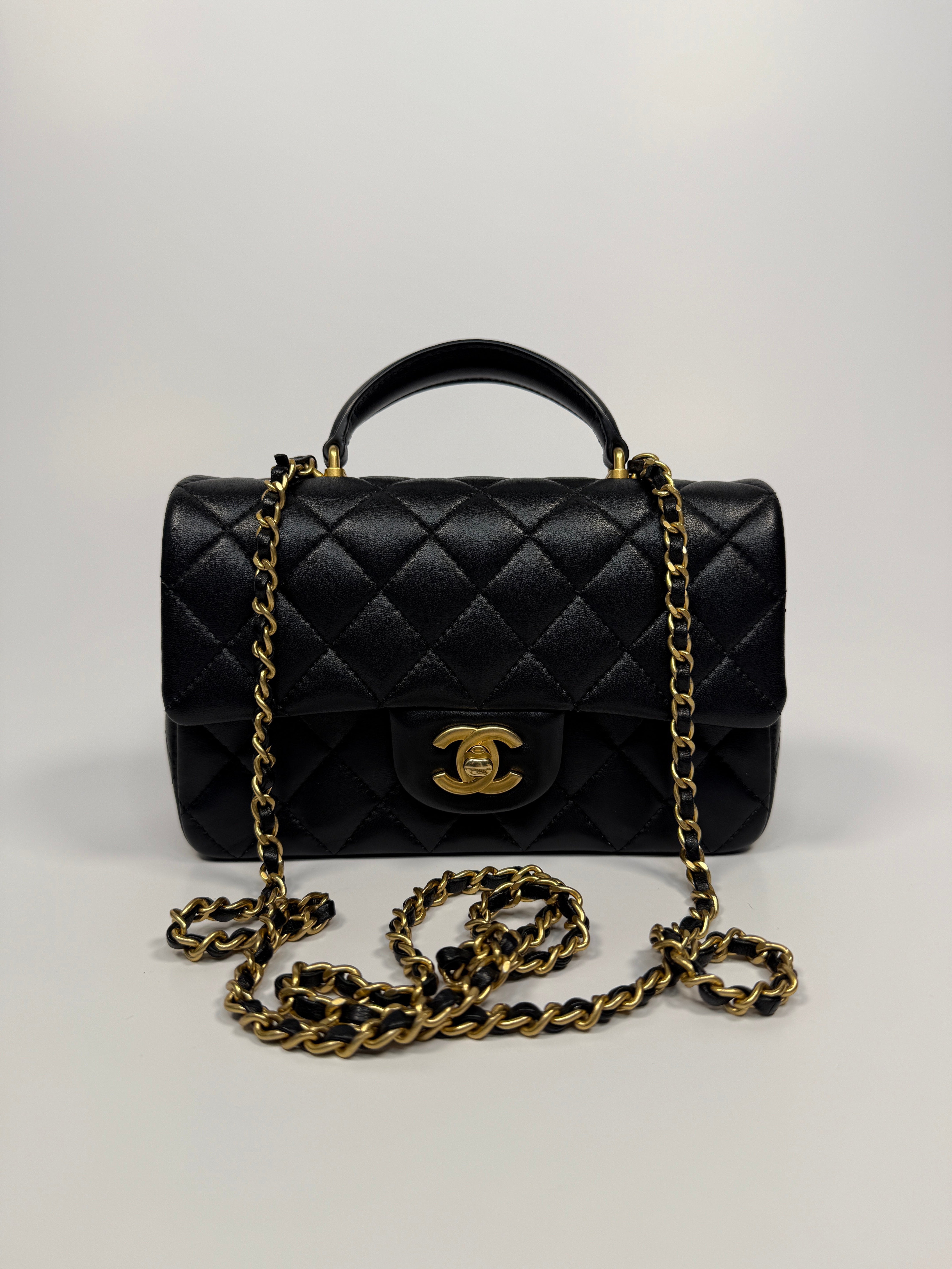 Chanel Mini Rectangle Top Handle Flap Bag In Black Lambskin With GHW