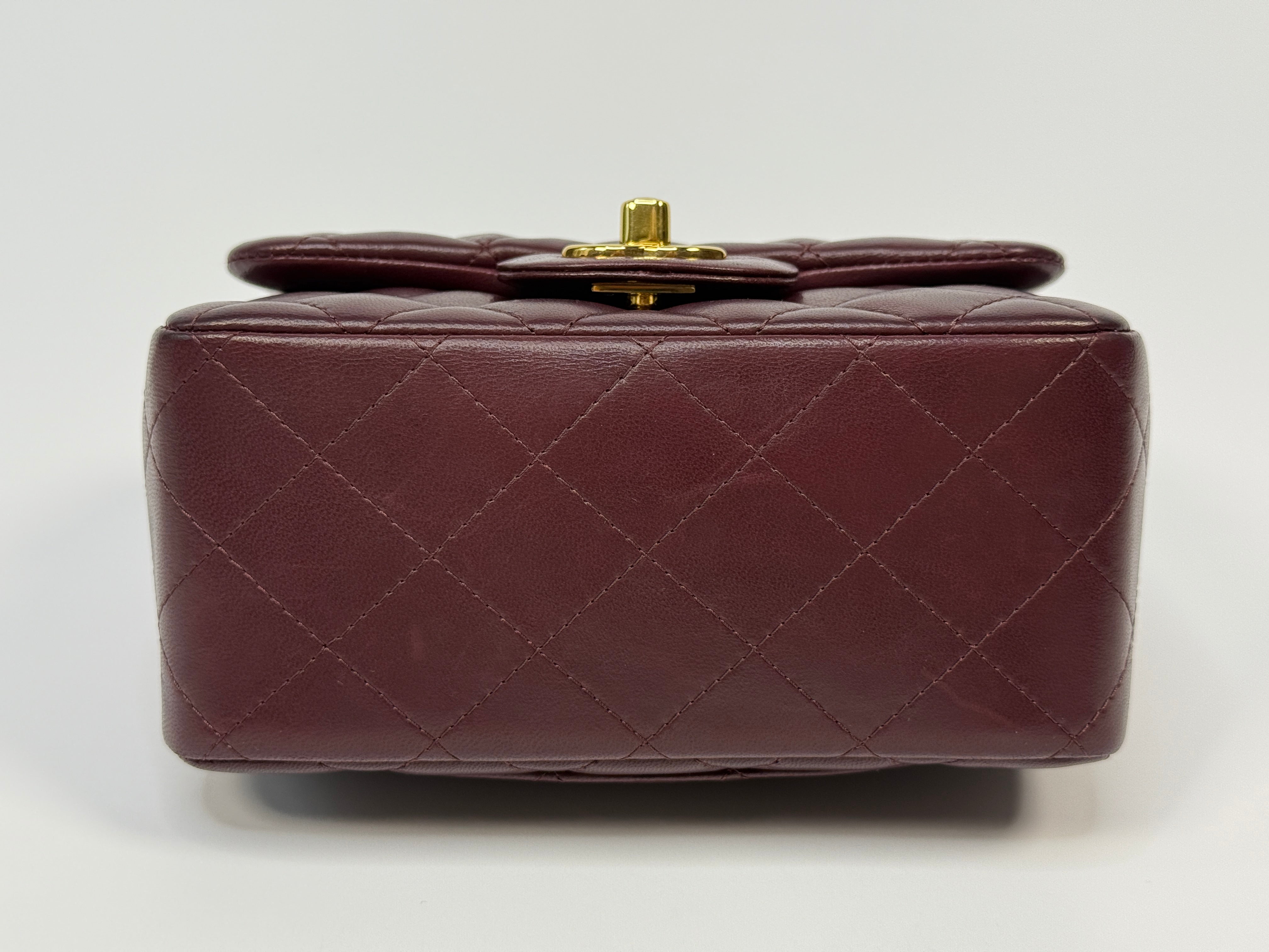 Chanel Mini Square In Burgundy Lambskin Leather With GHW
