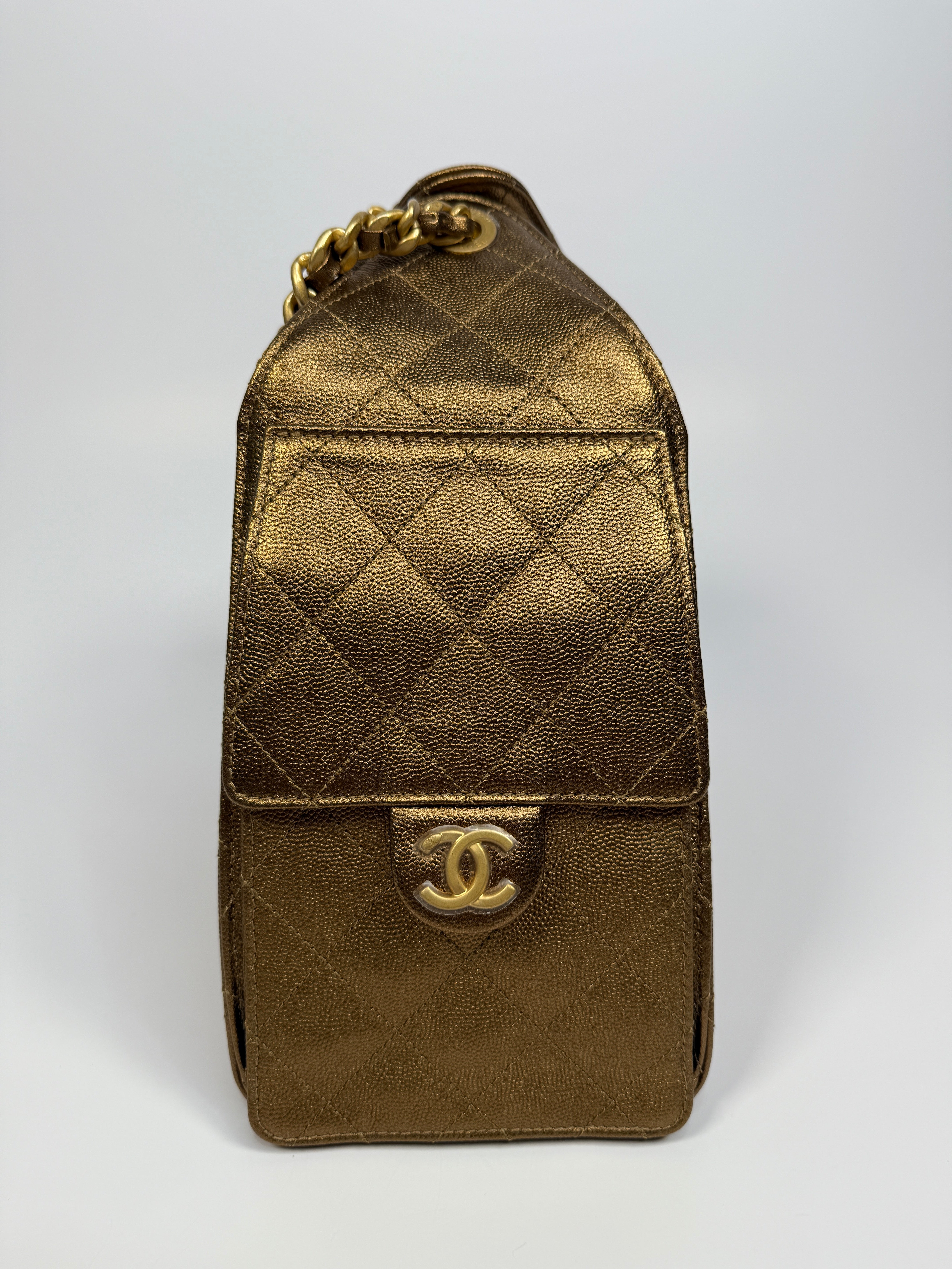 Authentic pre loved Chanel 25 Small In Metallic Bronze Caviar Leather With Gold hardware