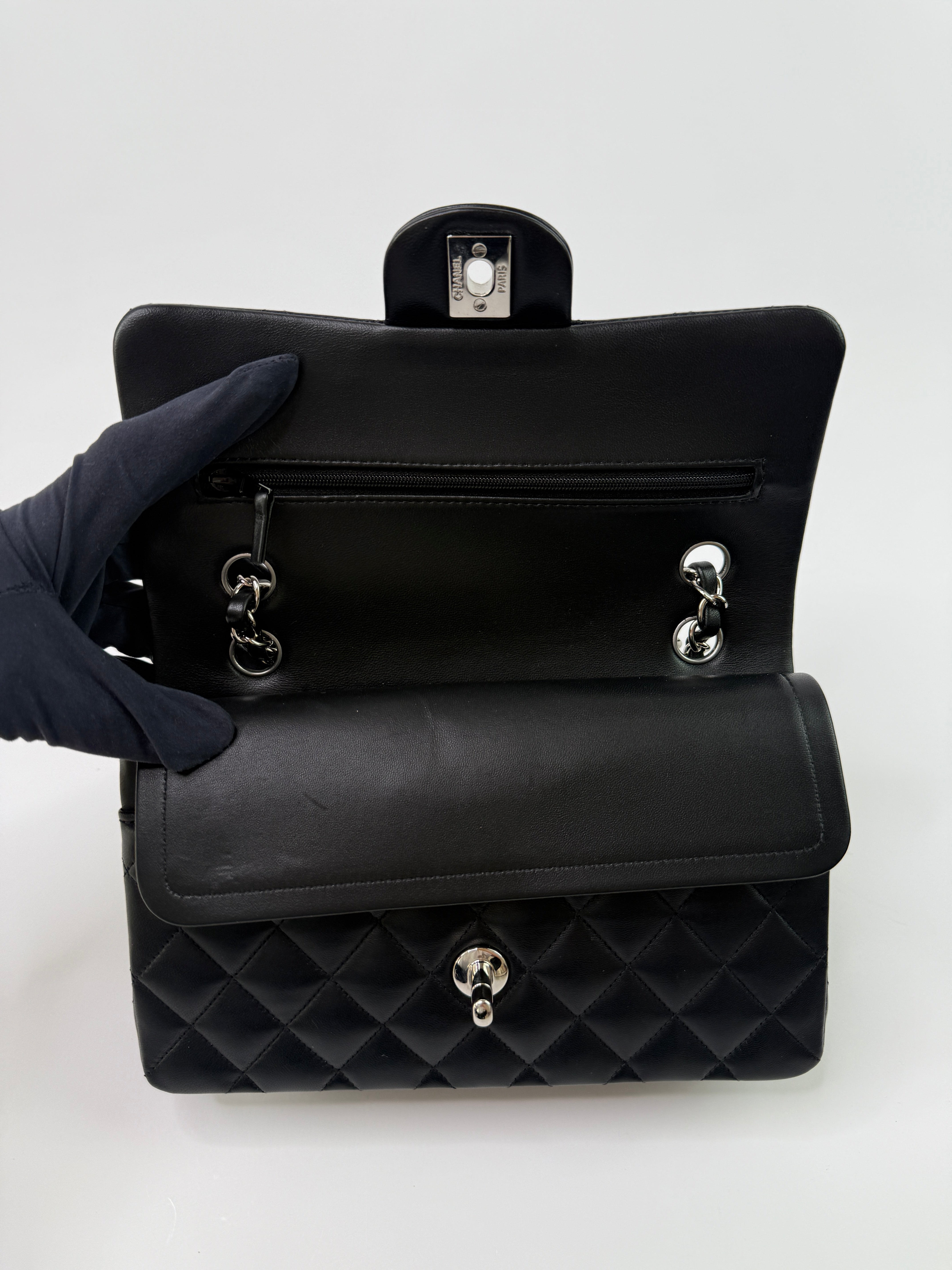 Chanel Small Classic Double Flap In Black Lambskin Leather With Silver Hardware
Pre Loved & Authentic