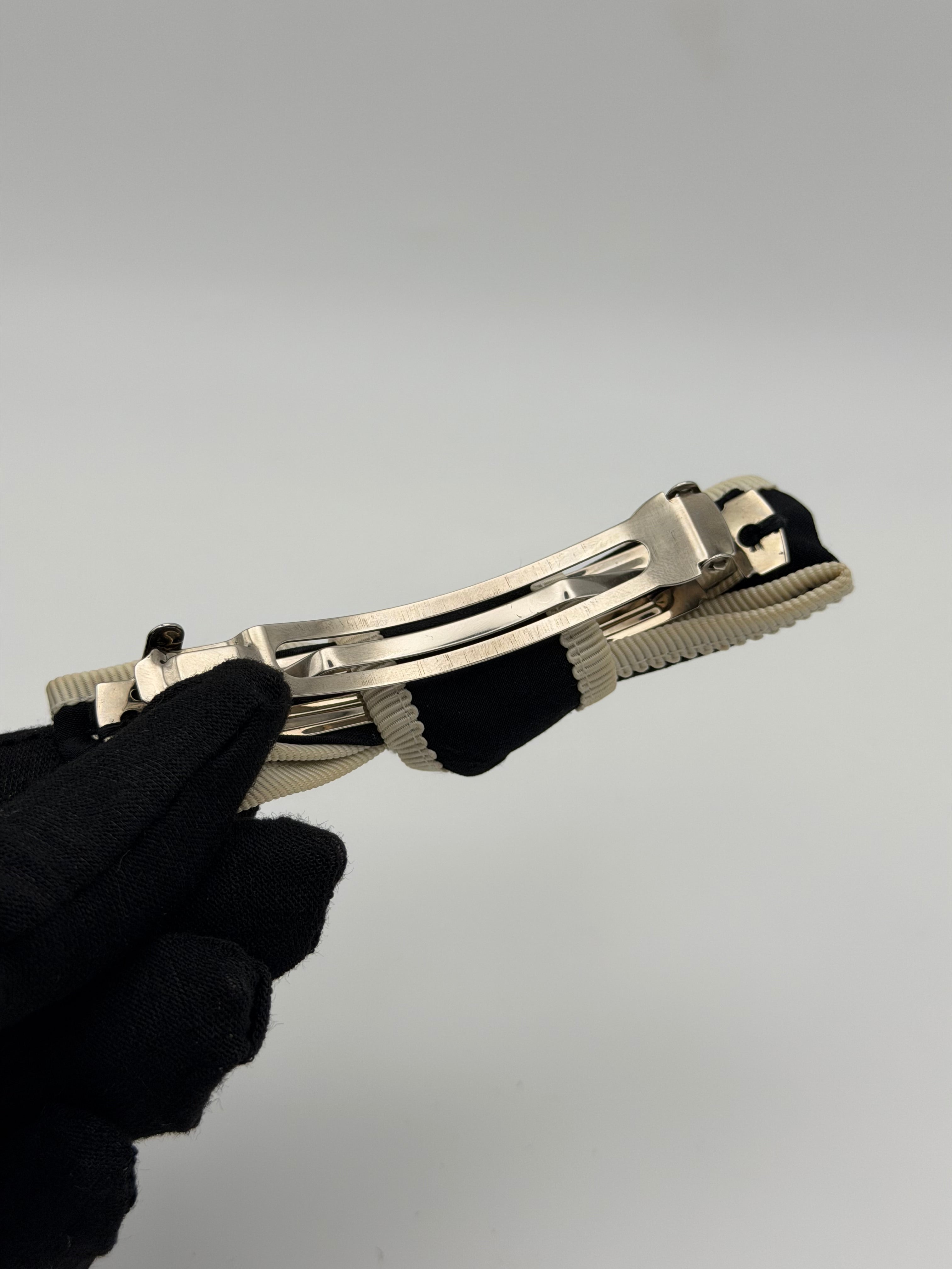 Chanel CC Logo Ribbon Bow Barrette In Black & Ivory Fabric With Silver Hardware