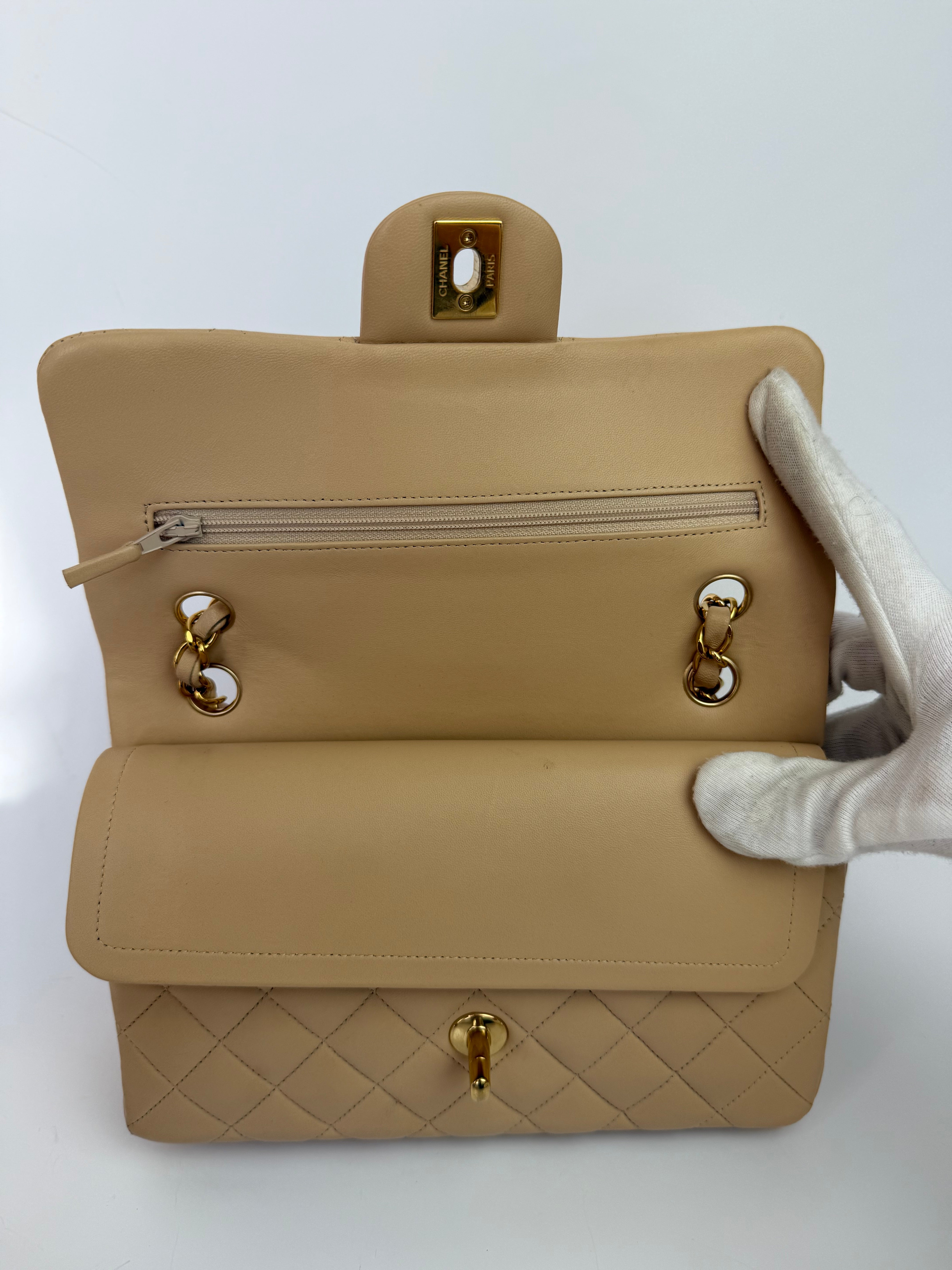 Chanel Small Classic Double Flap In Beige Lambskin With GHW