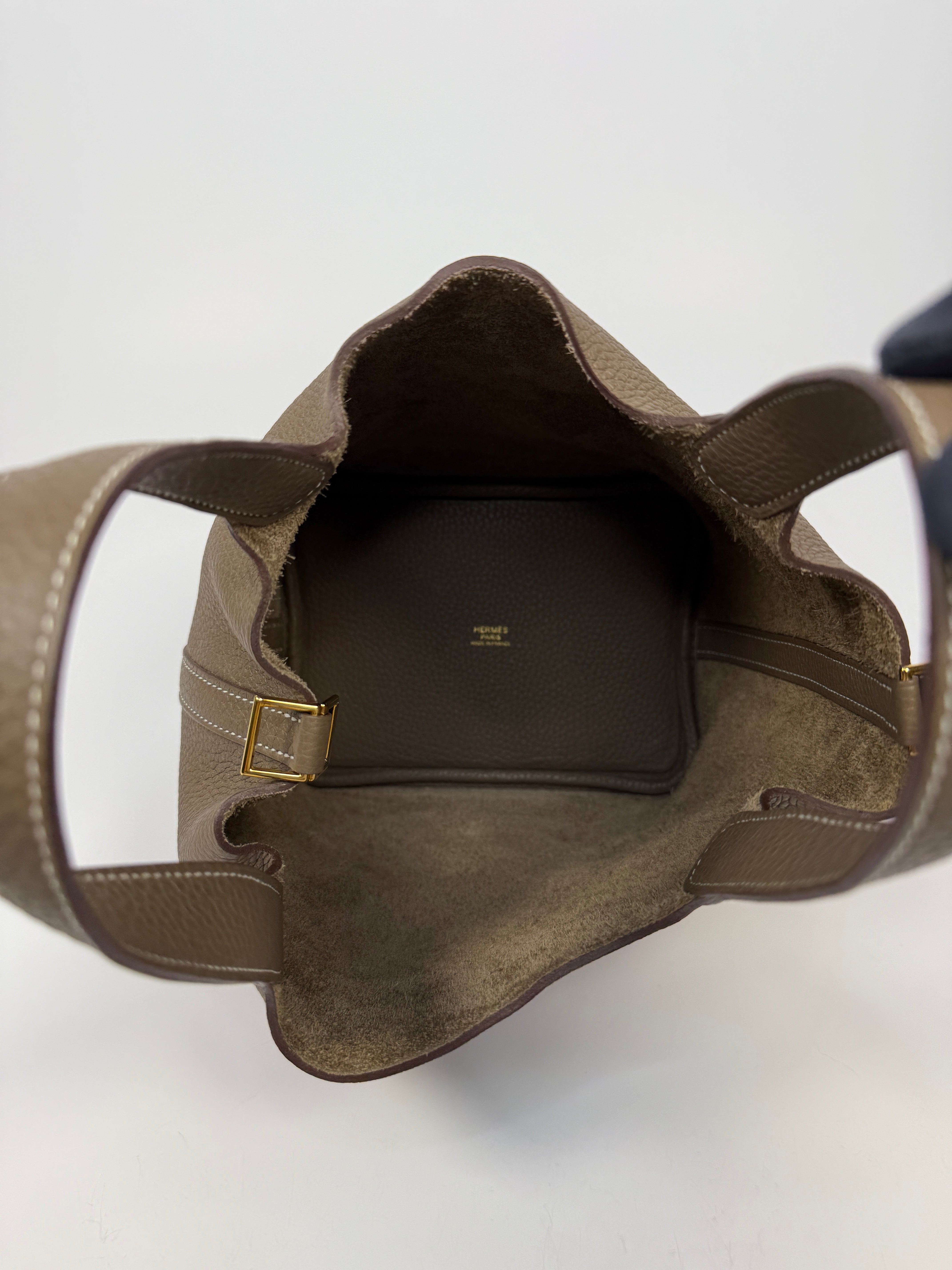 Authentic Pre Loved Hermès Picotin 18 In Etoupe Clemence Leather With Gold Hardware Excellent Condition