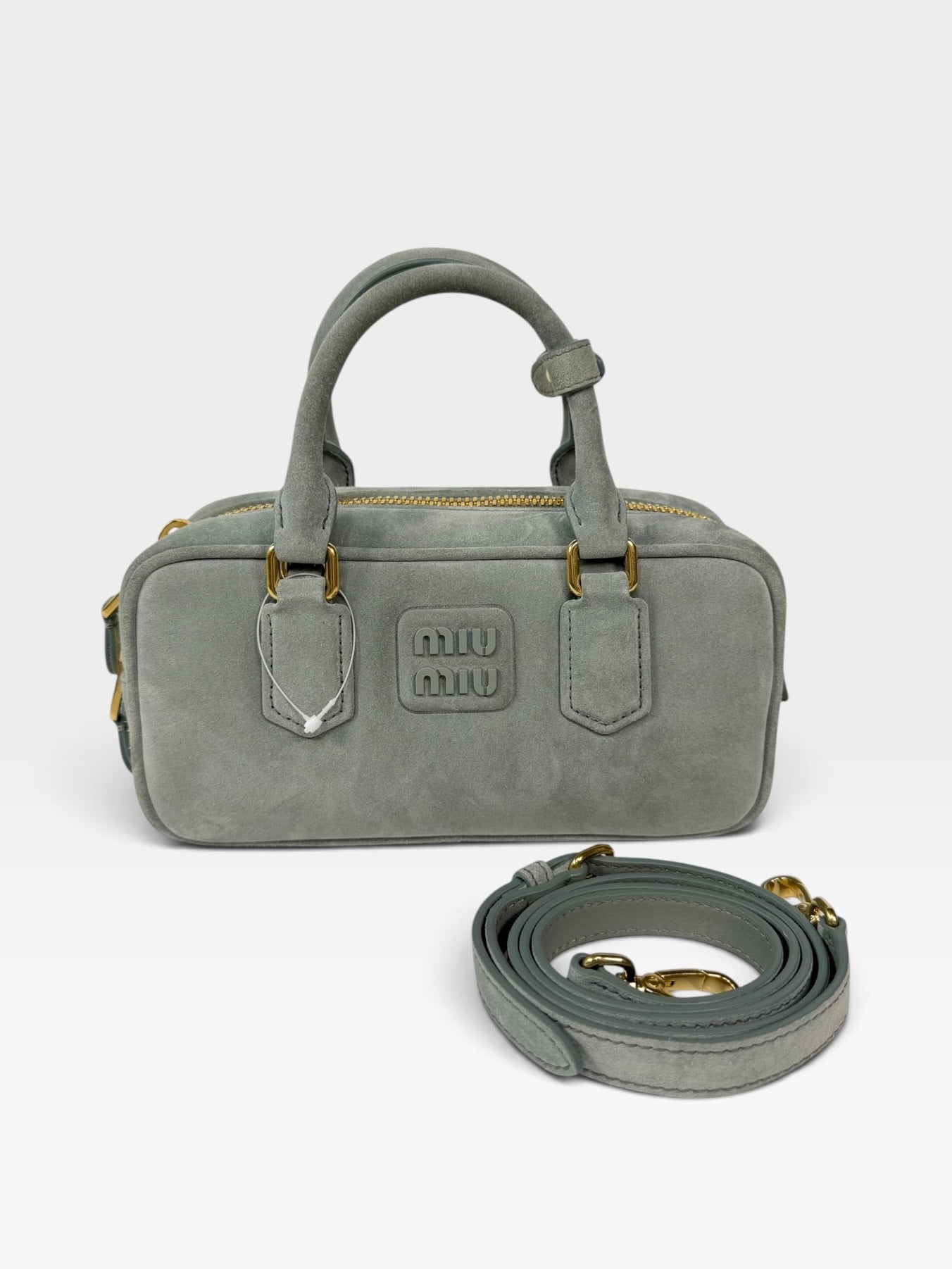 Miu Miu Arcadie Padded Top Handle In Powder Blue Suede Gold Hardware. 100% authentic and preloved in new & unused condition.