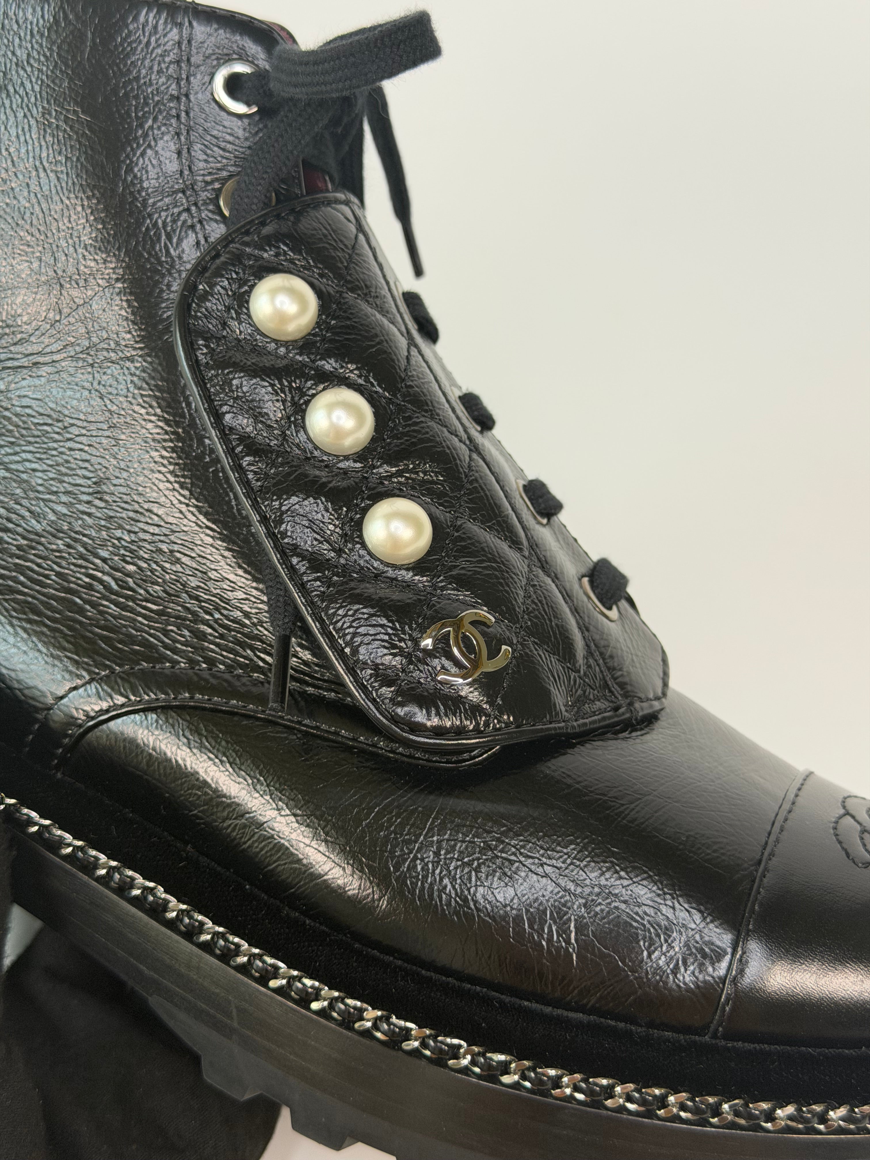 Chanel Pearl Ankle Boots Black Leather (Size 37/UK4)