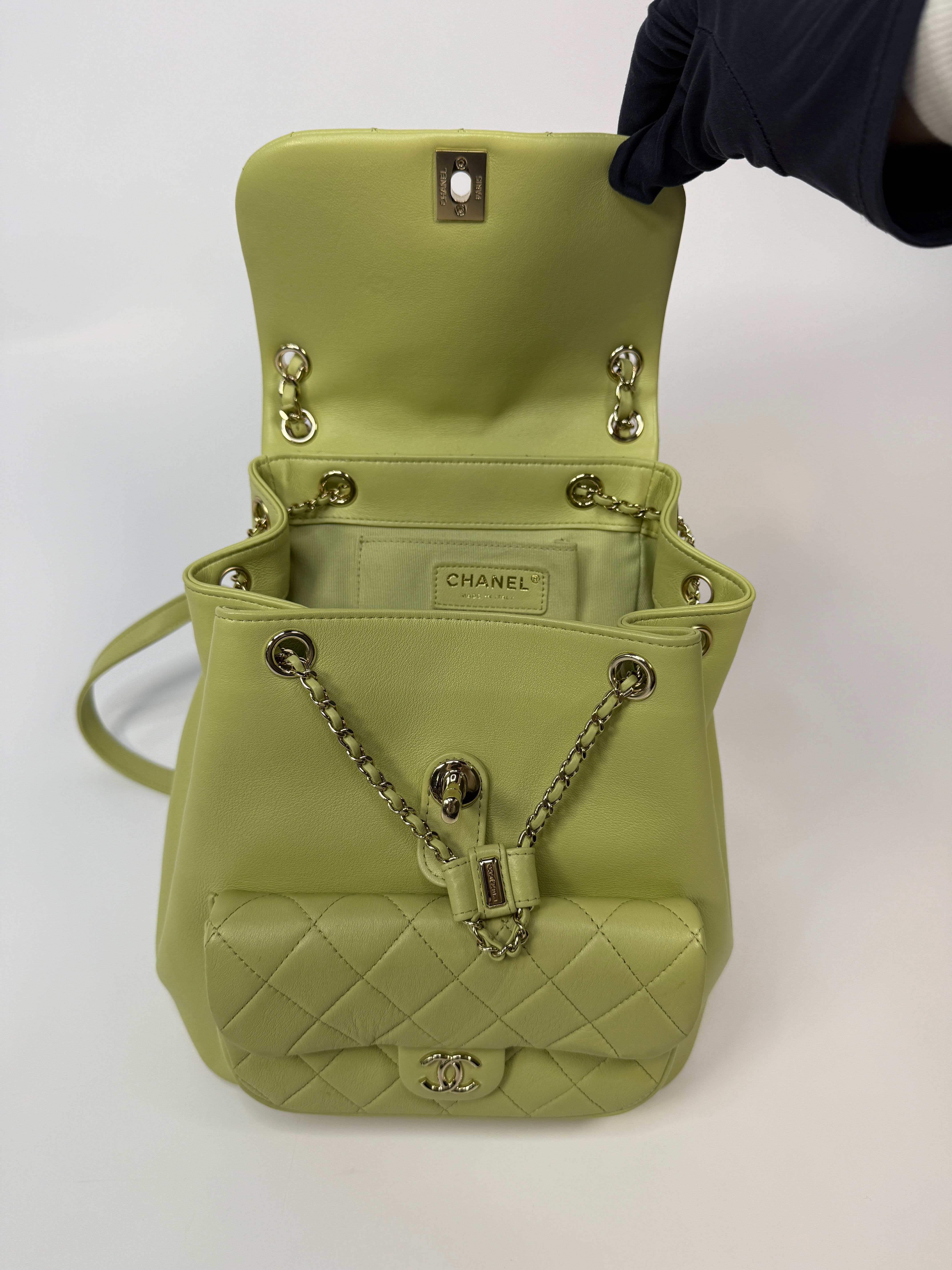 Chanel Duma Backpack In Green Calfskin Leather With Pale Gold Hardware
Pre Loved & Authentic