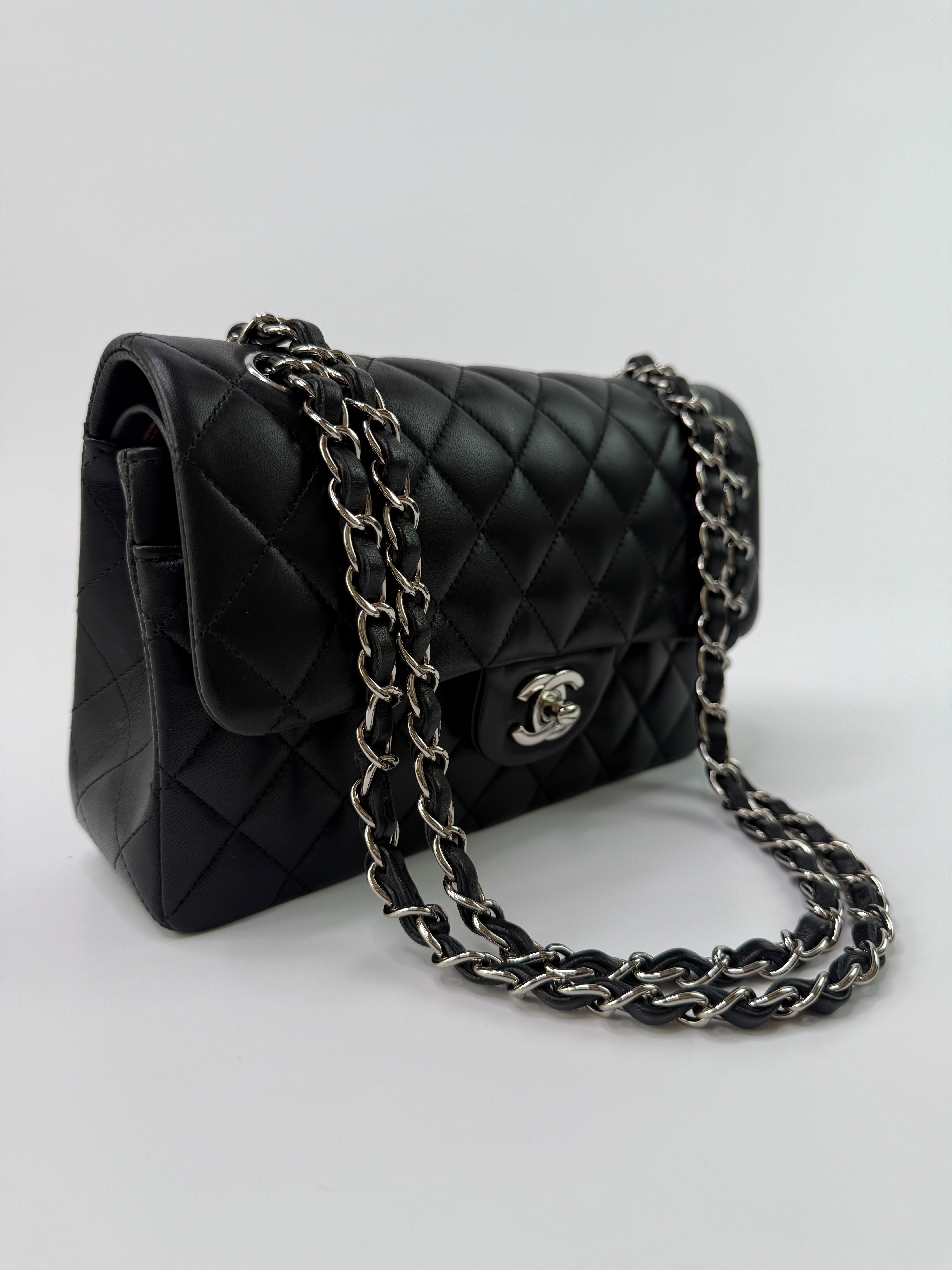 Chanel Small Classic Double Flap In Black Lambskin Leather With Silver Hardware
Pre Loved & Authentic