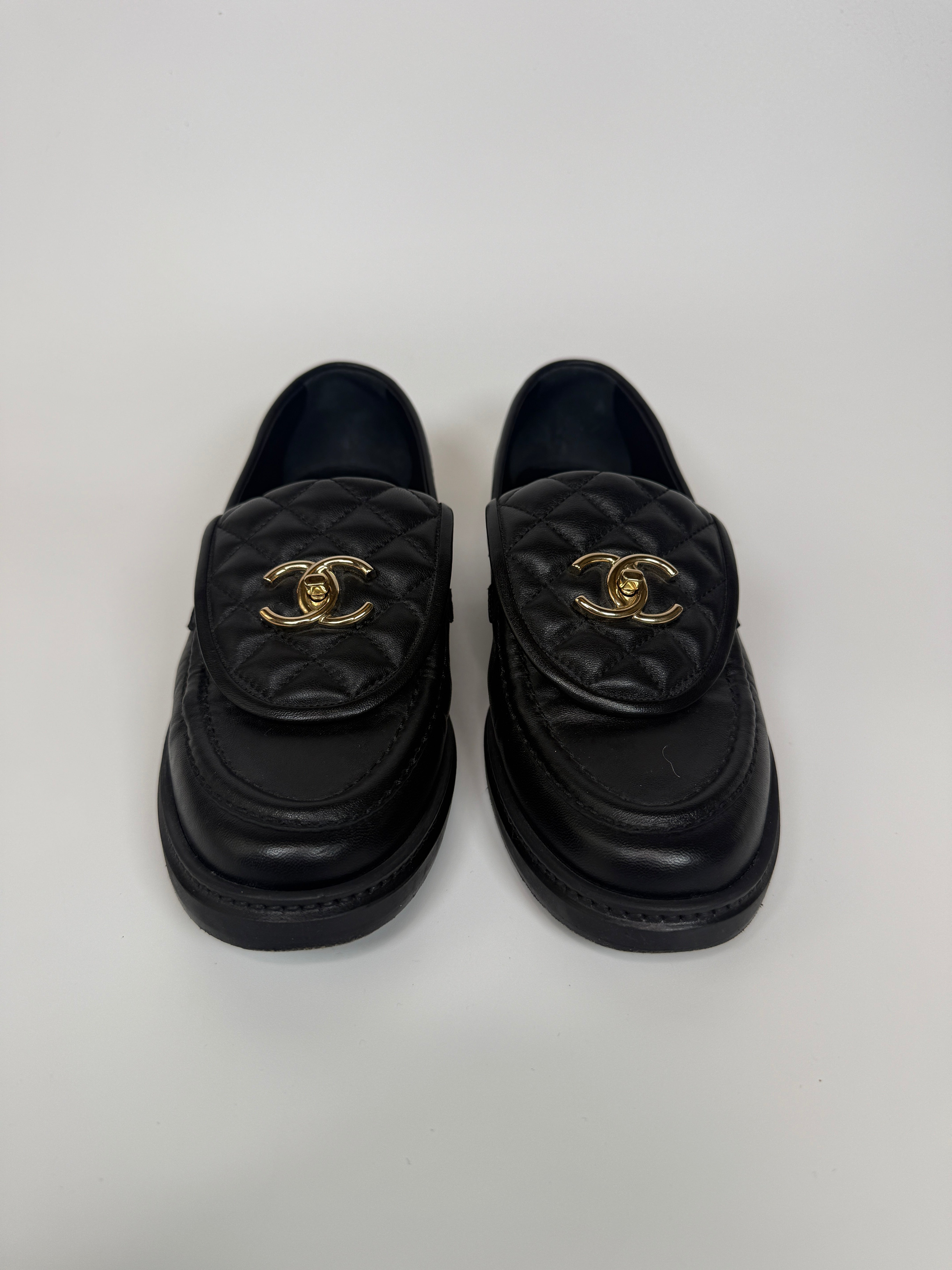 Chanel Black Quilted Leather Turnlock Loafers (Size 39/UK6)