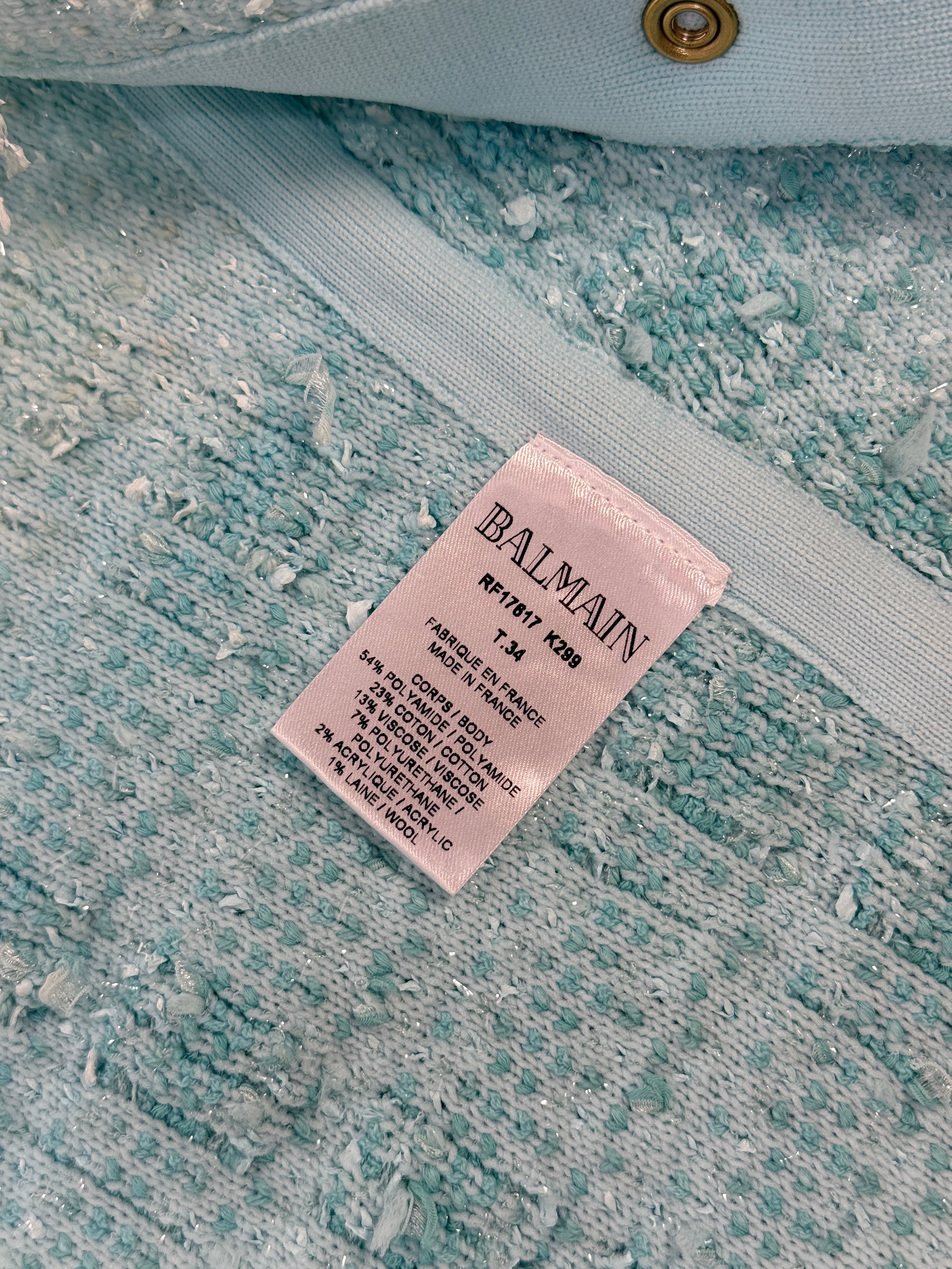 Balmain Fringe Dip Dye Tweed Jacket In Turquoise (Size34/UK6)