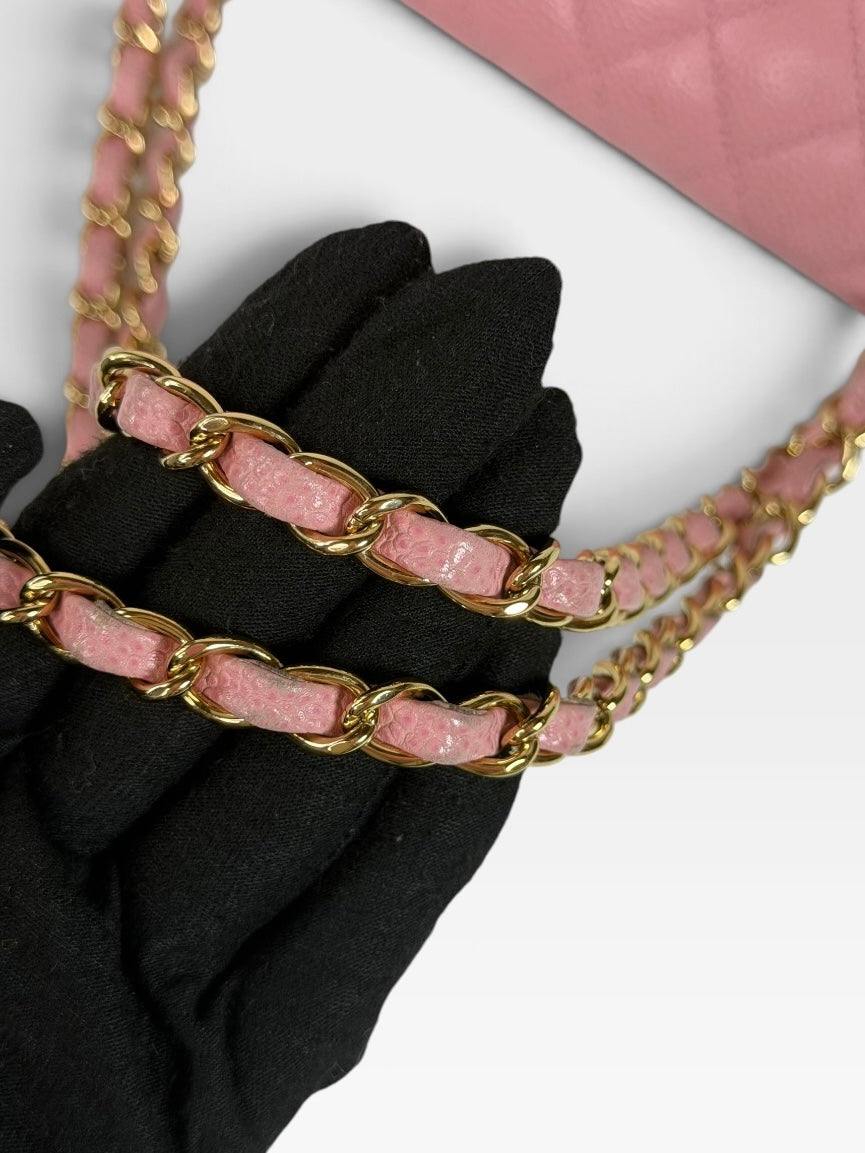 Chanel Vintage Medium Classic Double Flap In Pink Caviar Leather With 24Kt Gold Hardware 100% authentic and preloved in excellent condition