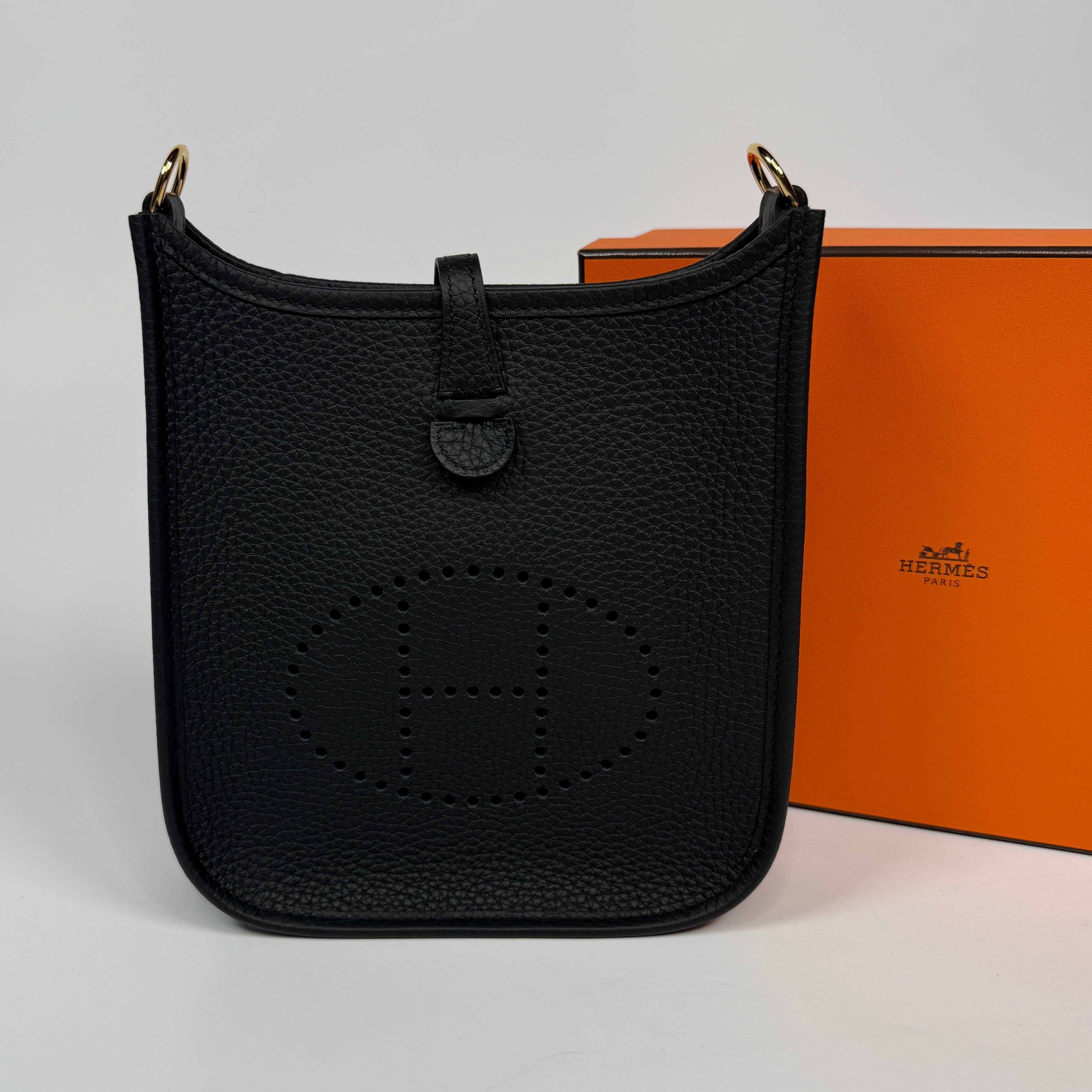 Hermès Evelyne TPM Black Clemence Leather Gold Hardware Authentic and Preloved In New and Unused condition.