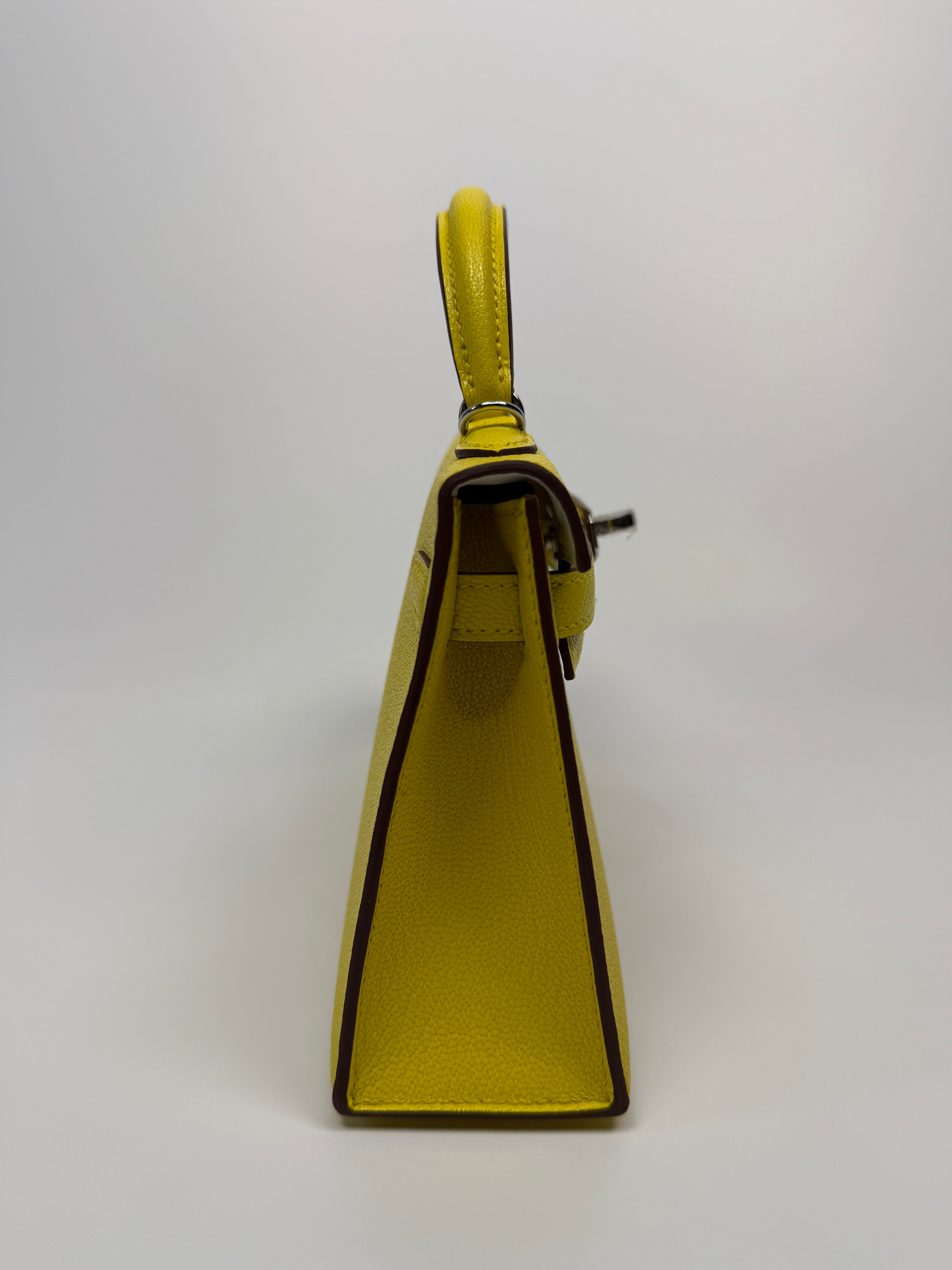 Authentic Pre Loved Hermés Mini Kelly ll Sellier Verso Chèvre Mysore in Jaune Citron and Mushroom With Palladium Hardware New & Unused Condition