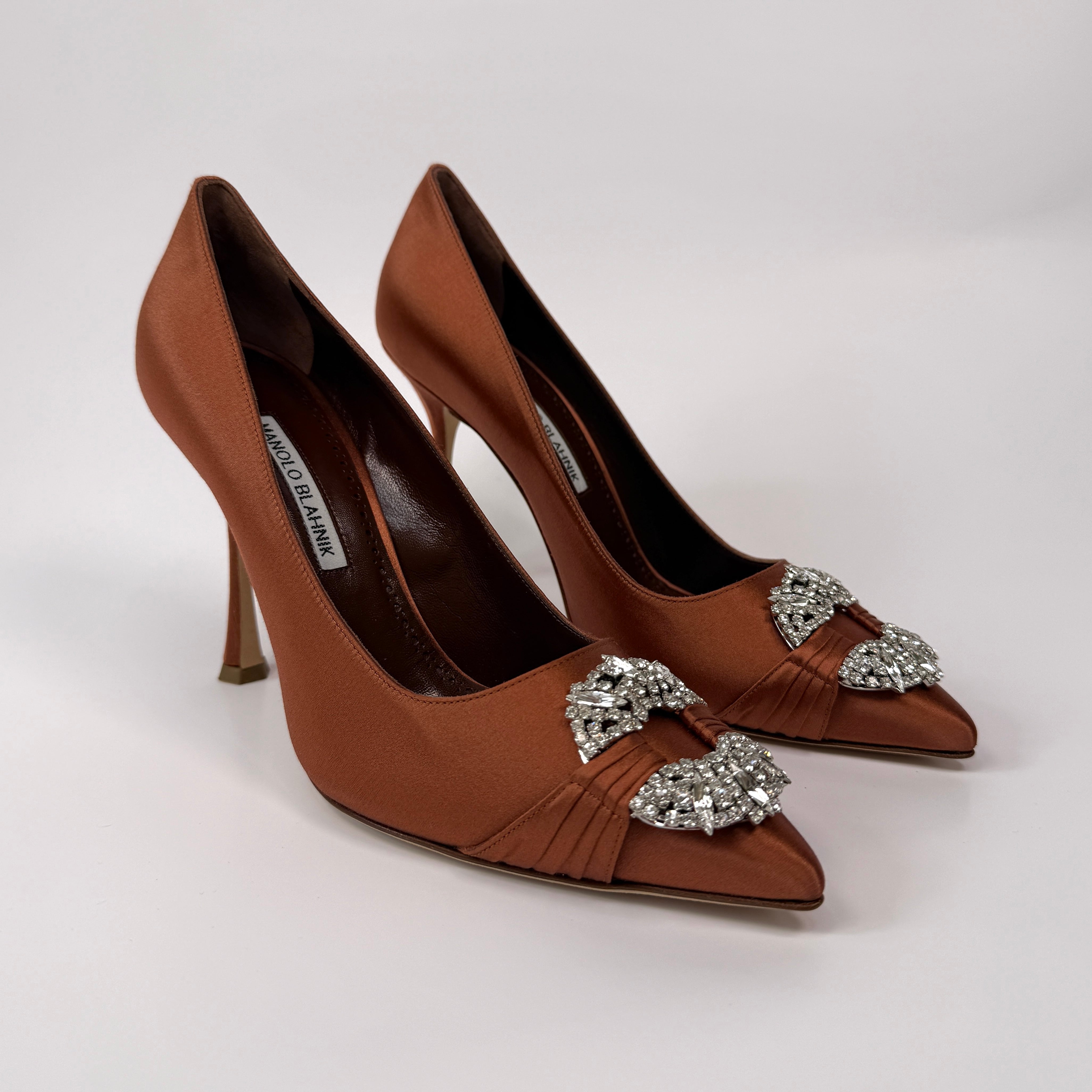 Monolo Blahnik Hangisi 90 Brown satin pumps (Size 39/UK6)
