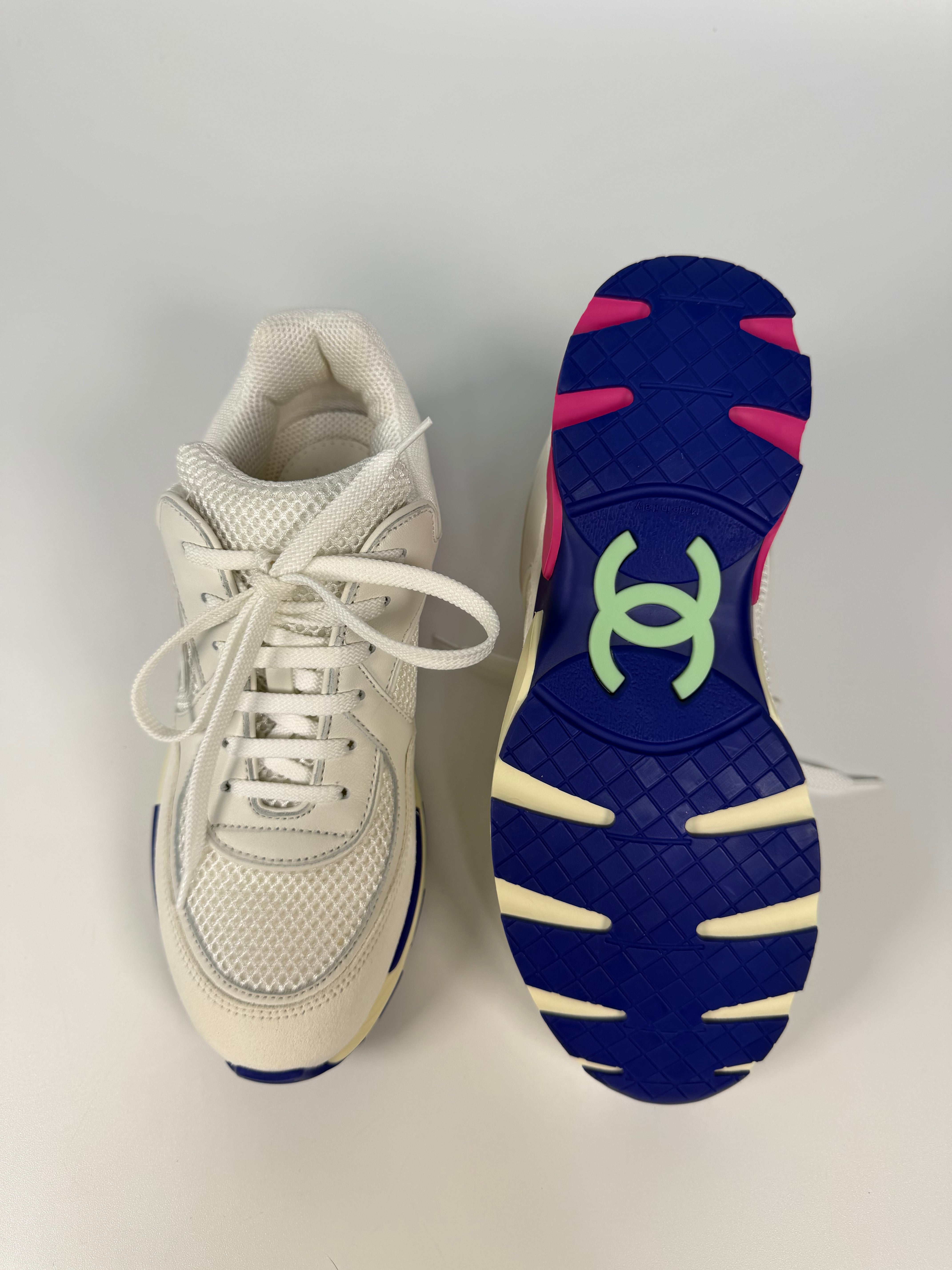 Chanel CC Sneakers In White Multicolour (Size 36.5/ UK 3.5). 100% authentic and preloved in excellent condition.