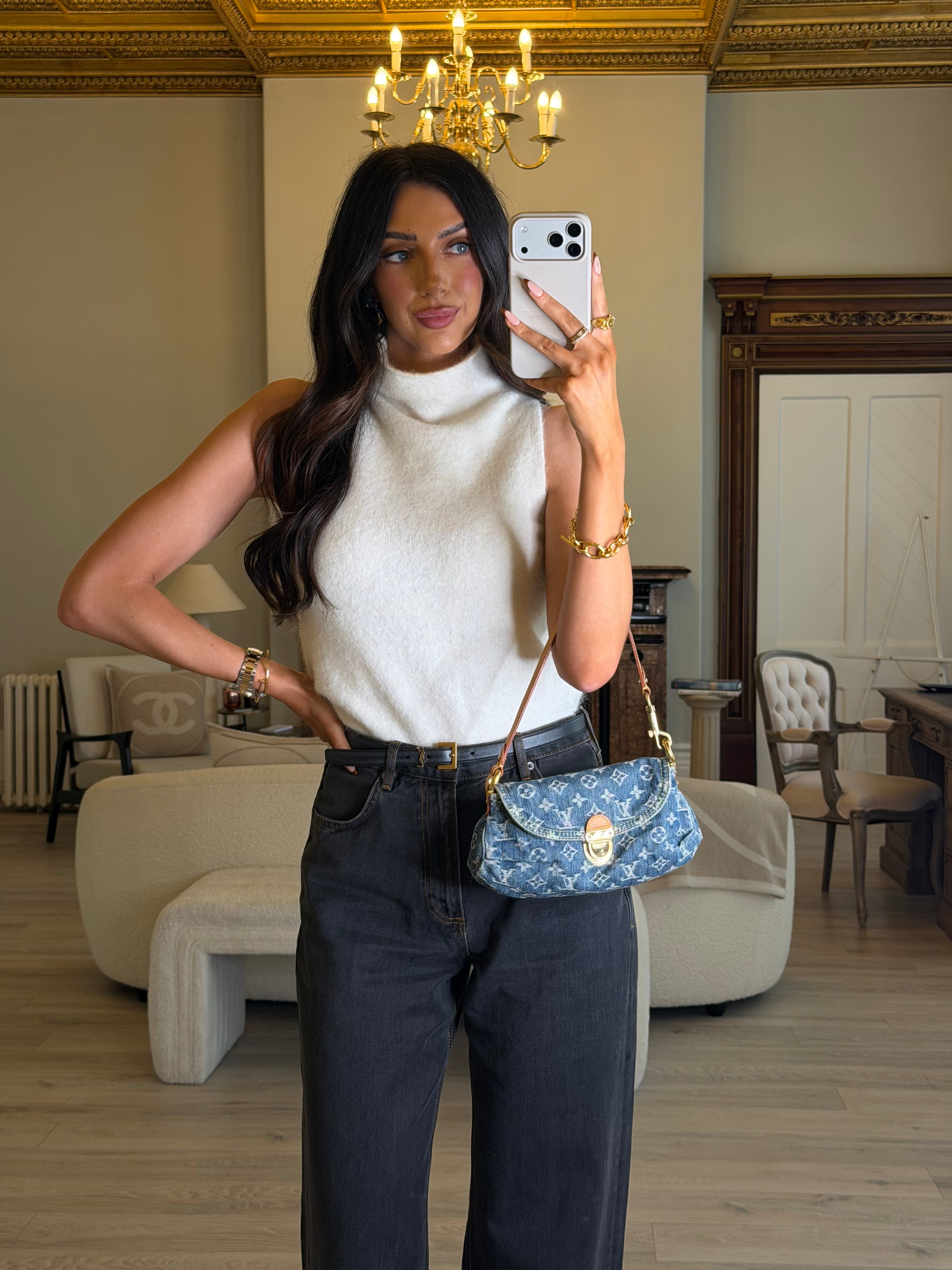 Louis Vuitton Mini Pleaty Bag In Denim Monogram With Gold Hardware, Authentic And Preloved In Excellent Condition