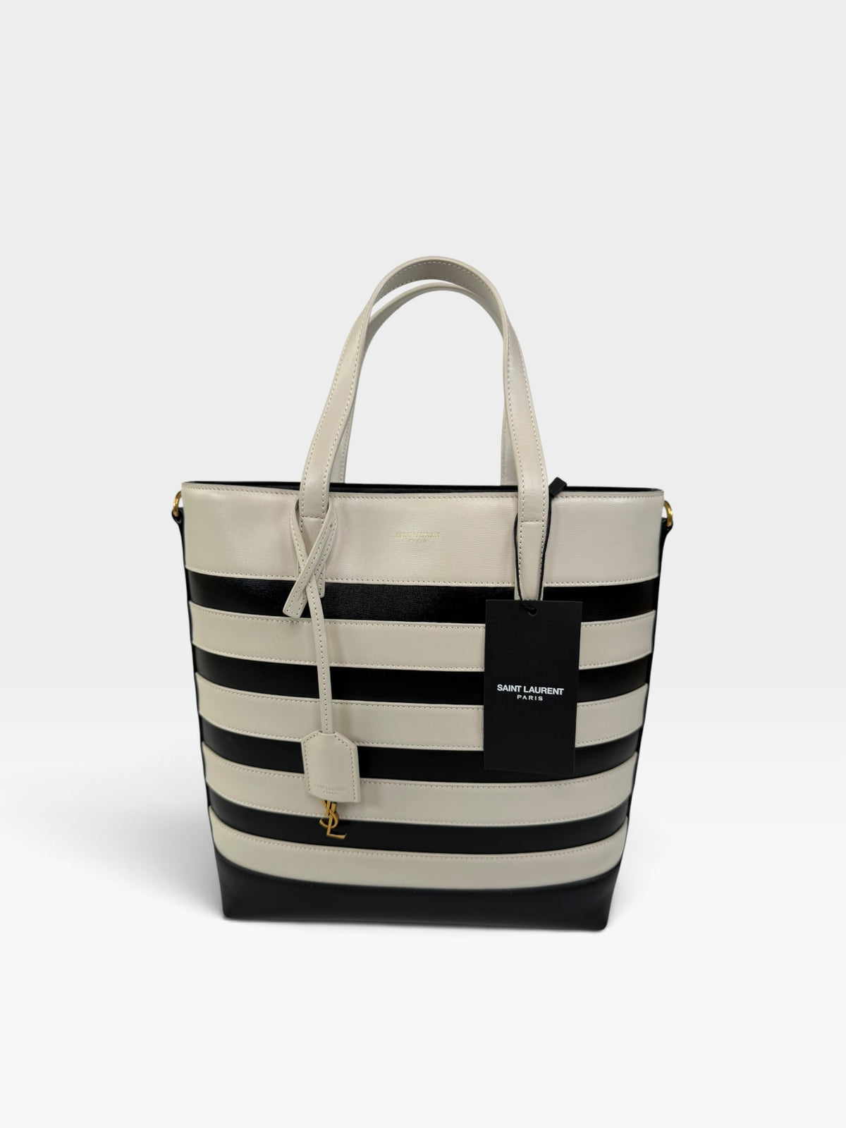 Saint Laurent Striped Tote In Black & White Leather With Gold Hardware 100% authentic and preloved in excellent condition