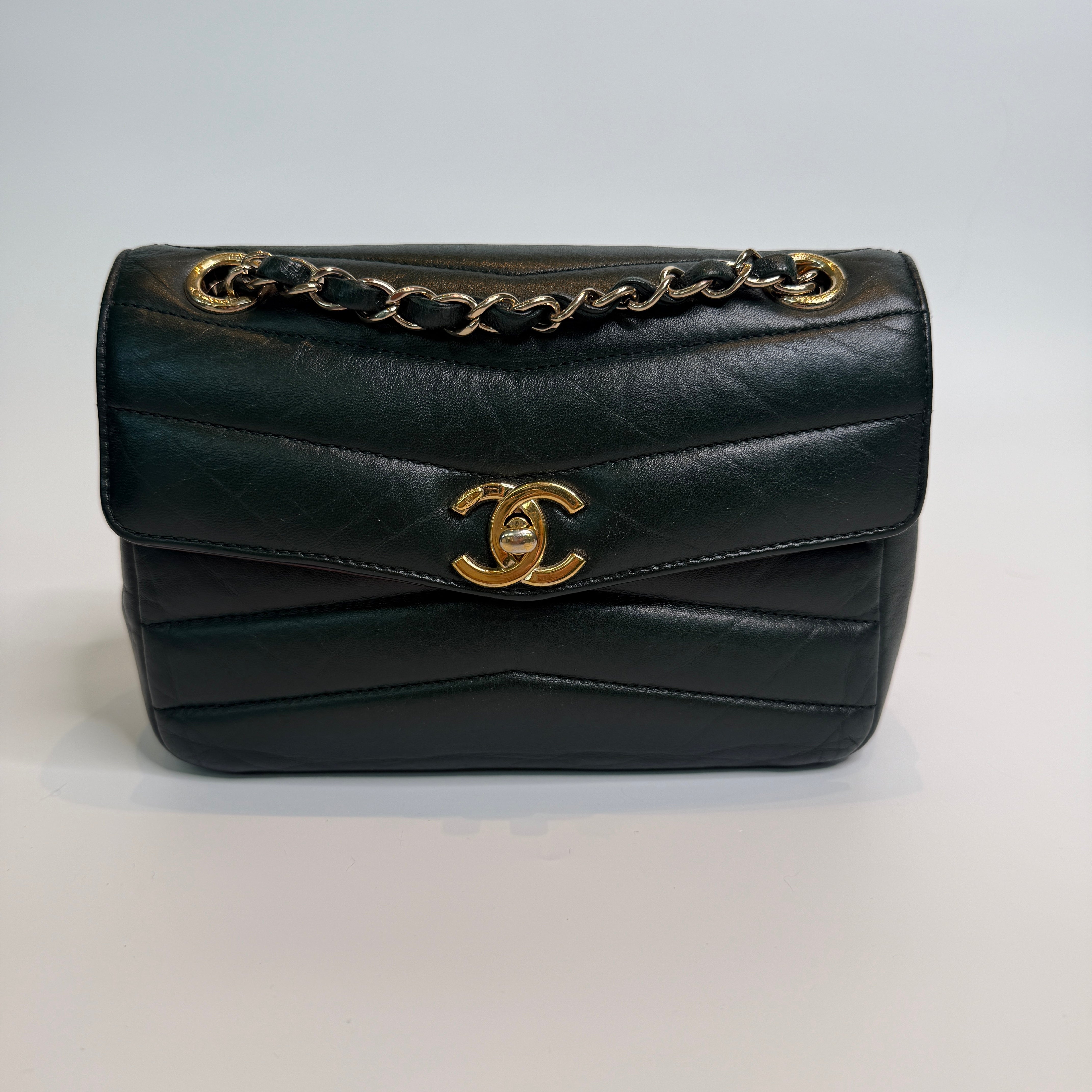 Authentic Pre Loved Chanel Seasonal Flap Bag In Green Chevron Leather With gold hardware