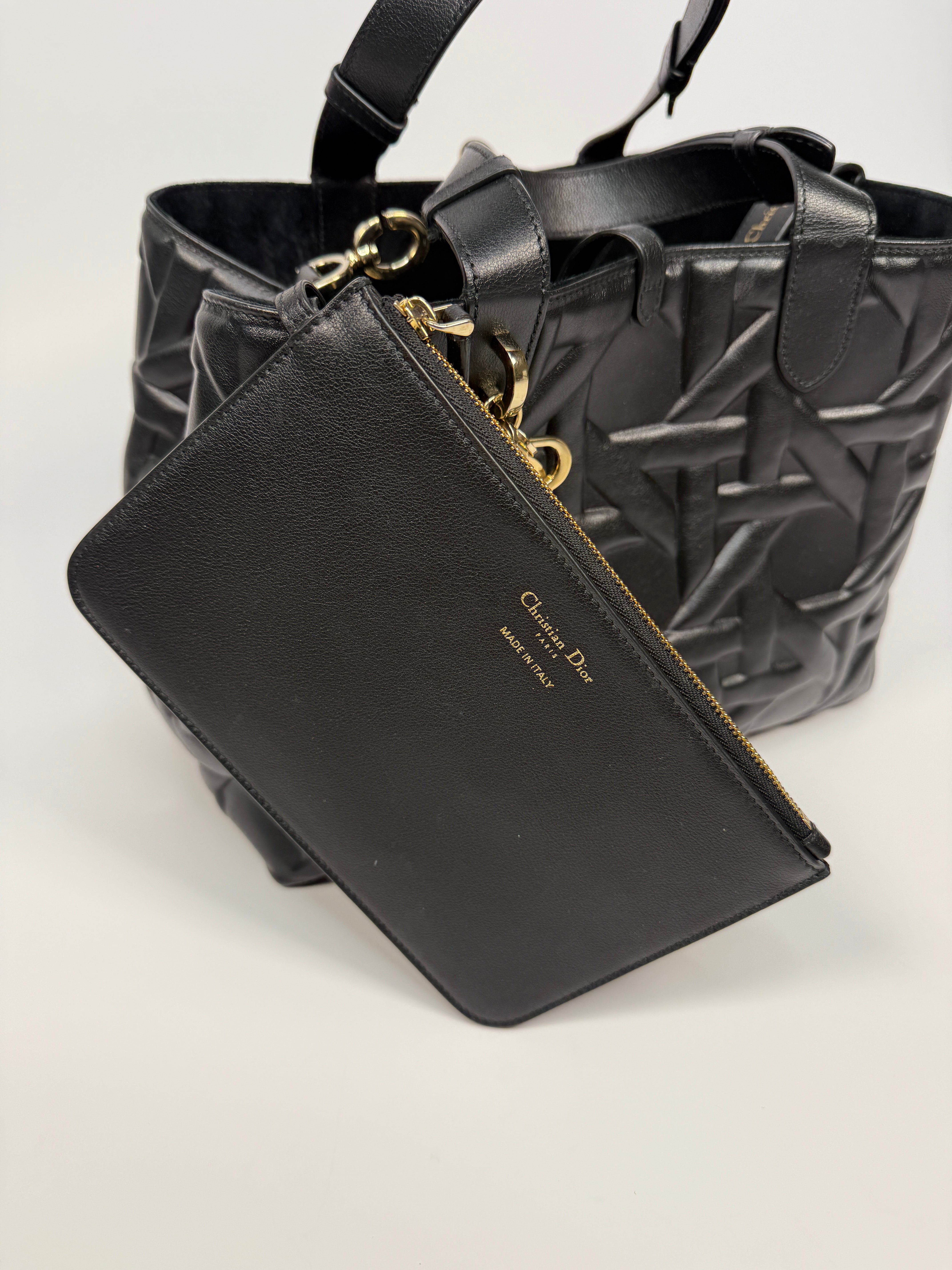 Christian Dior Medium Dior Toujours Bag in black calfskin with gold hardware, authentic and preloved in excellent condition