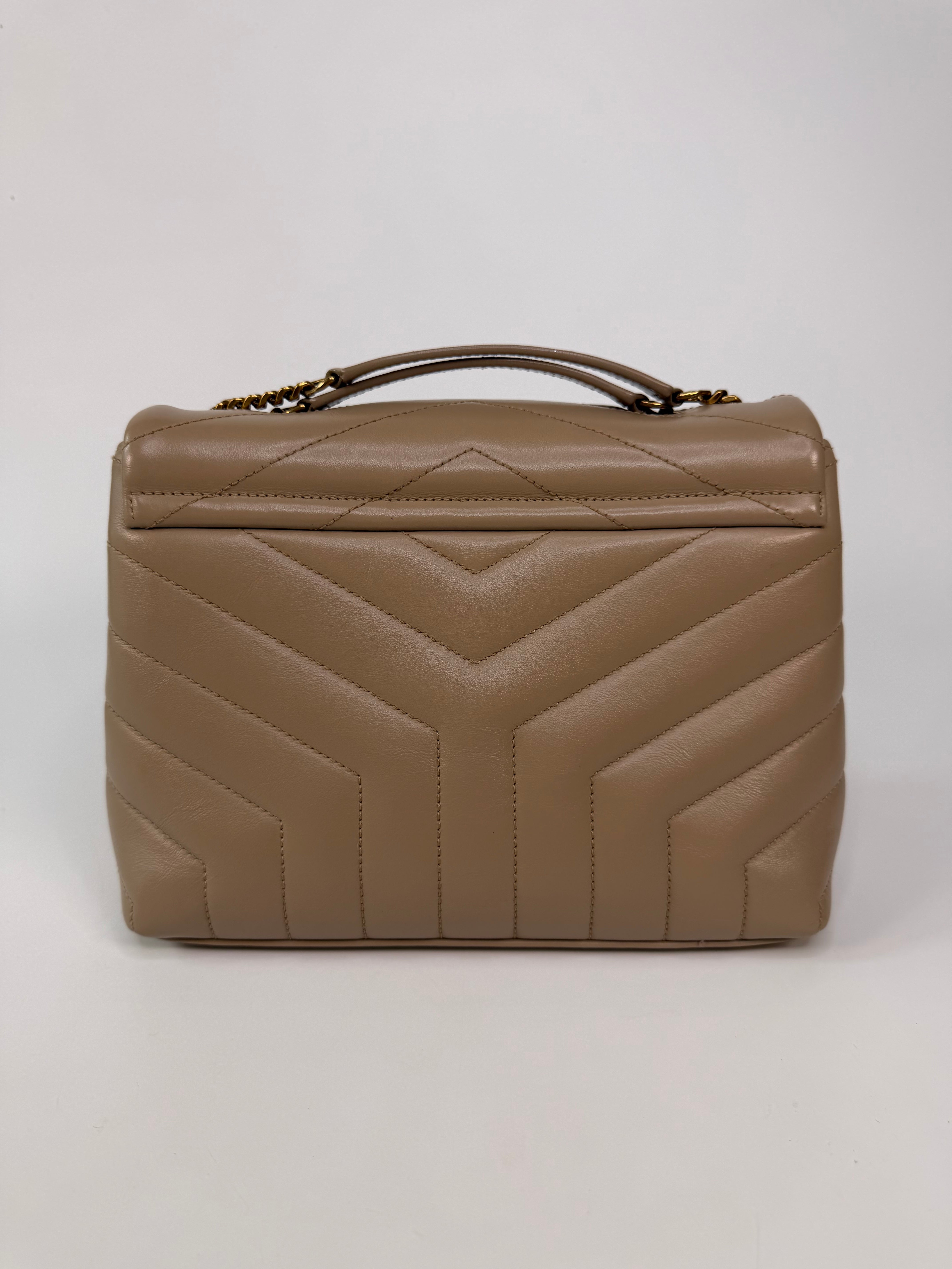 Saint Laurent Small Loulou In Dark Beige Leather With Gold Hardware. 100% authentic and preloved in excellent condition