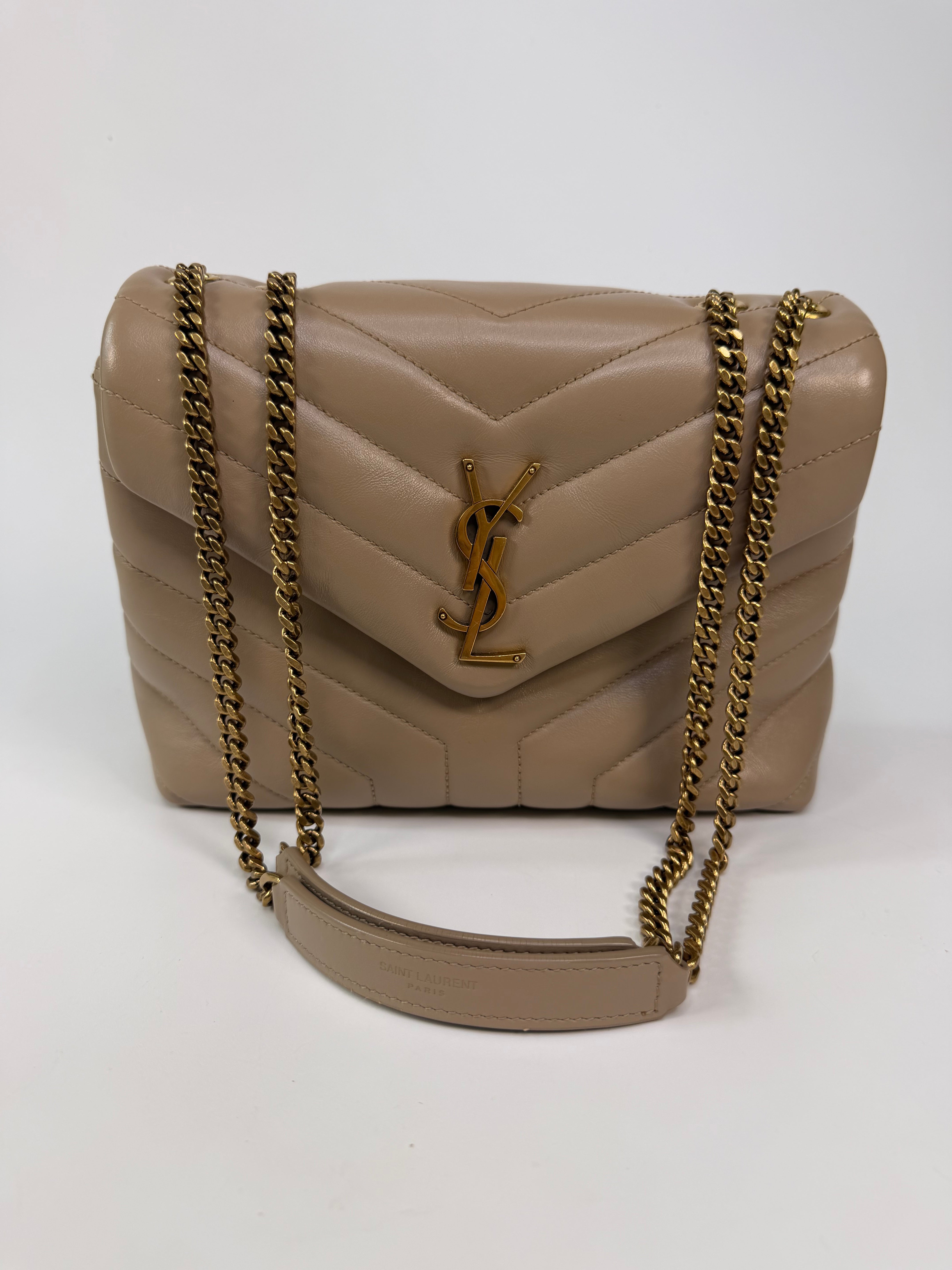 Saint Laurent Small Loulou In Dark Beige Leather With Gold Hardware. 100% authentic and preloved in excellent condition