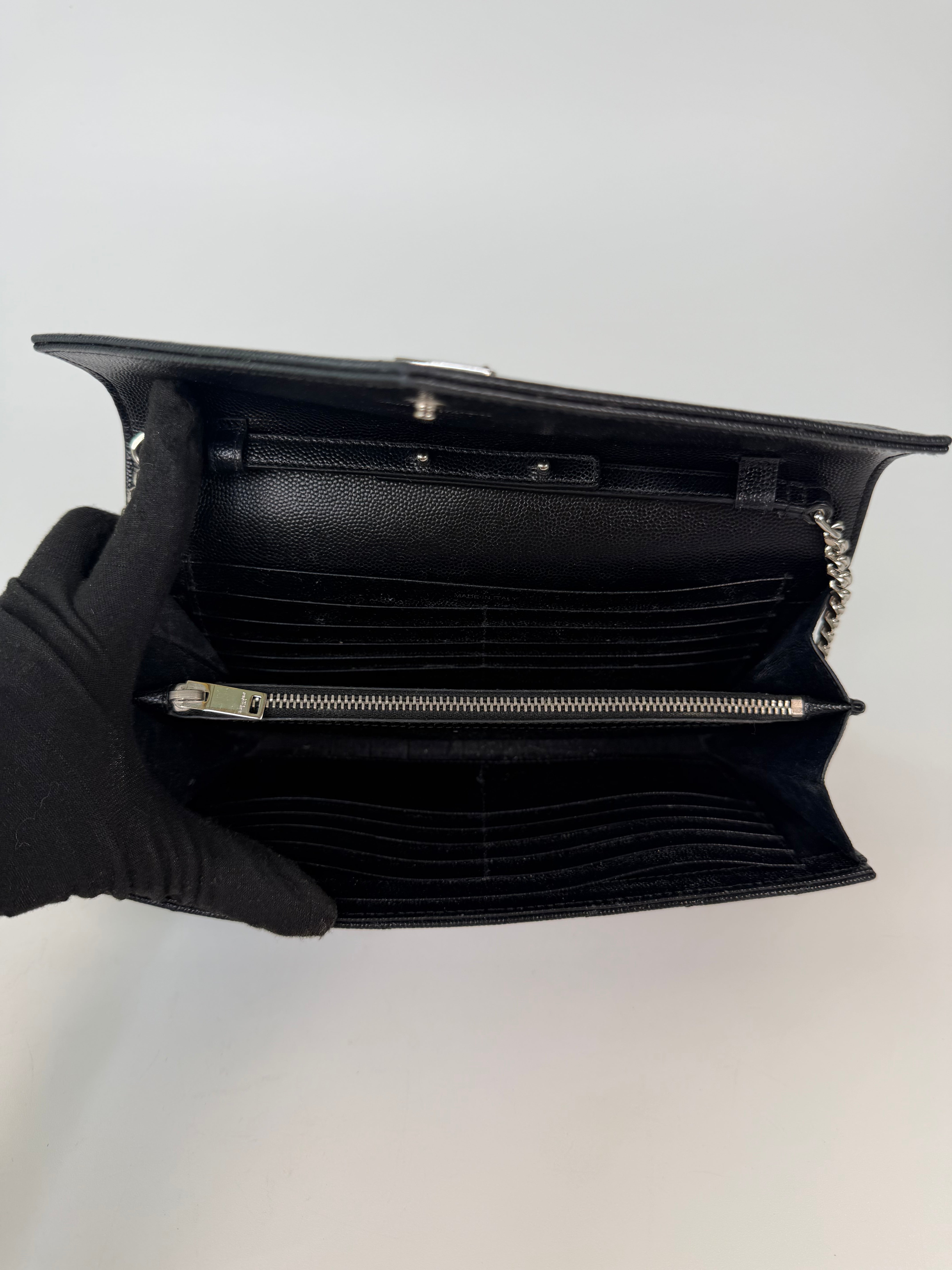 Saint Laurent Cassandre Chain Wallet In Black With Silver Hardware in good condition 100% authentic and preloved