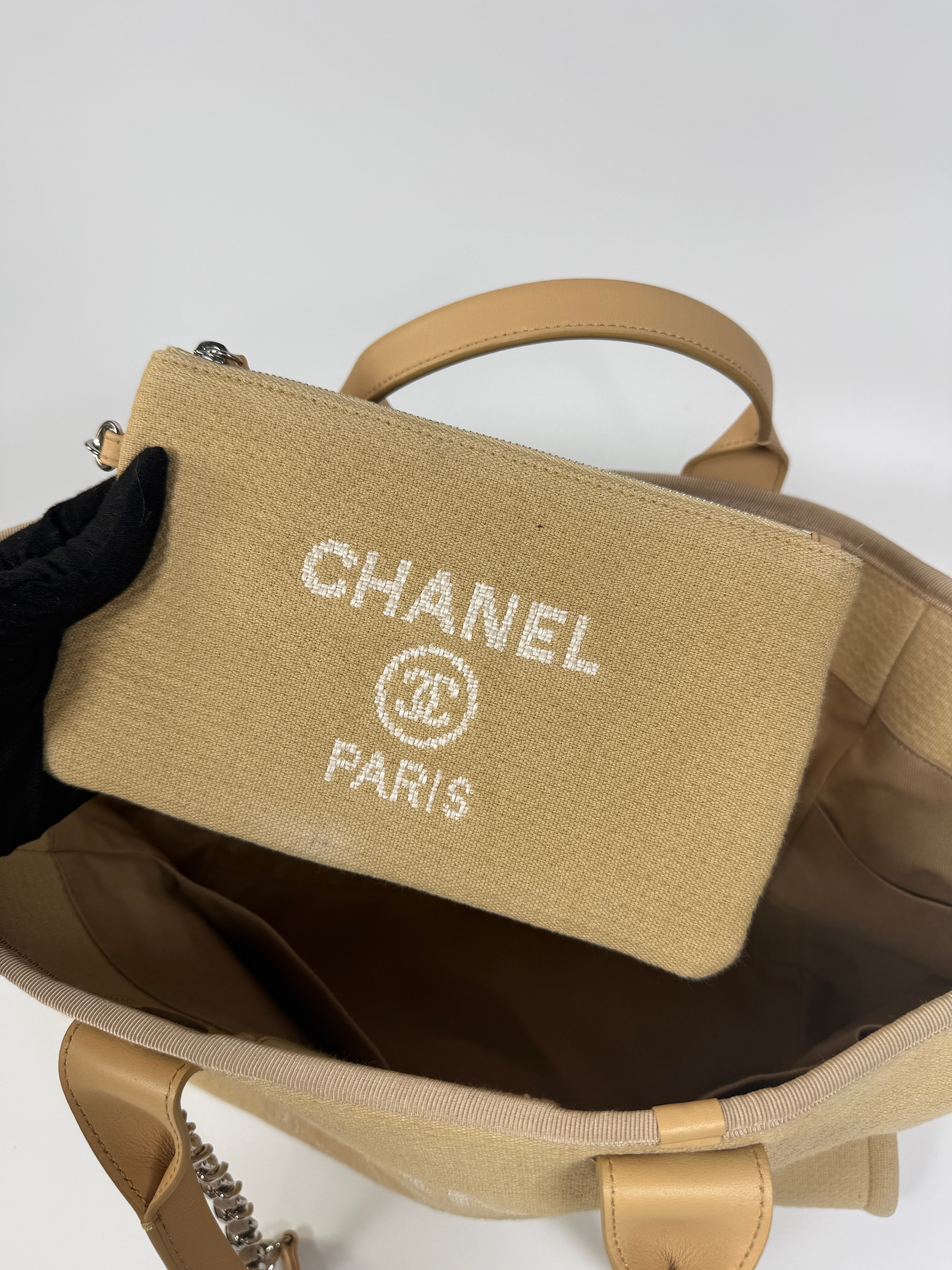 Chanel Large Deauville Tote Bag In Beige With Silver Hardware