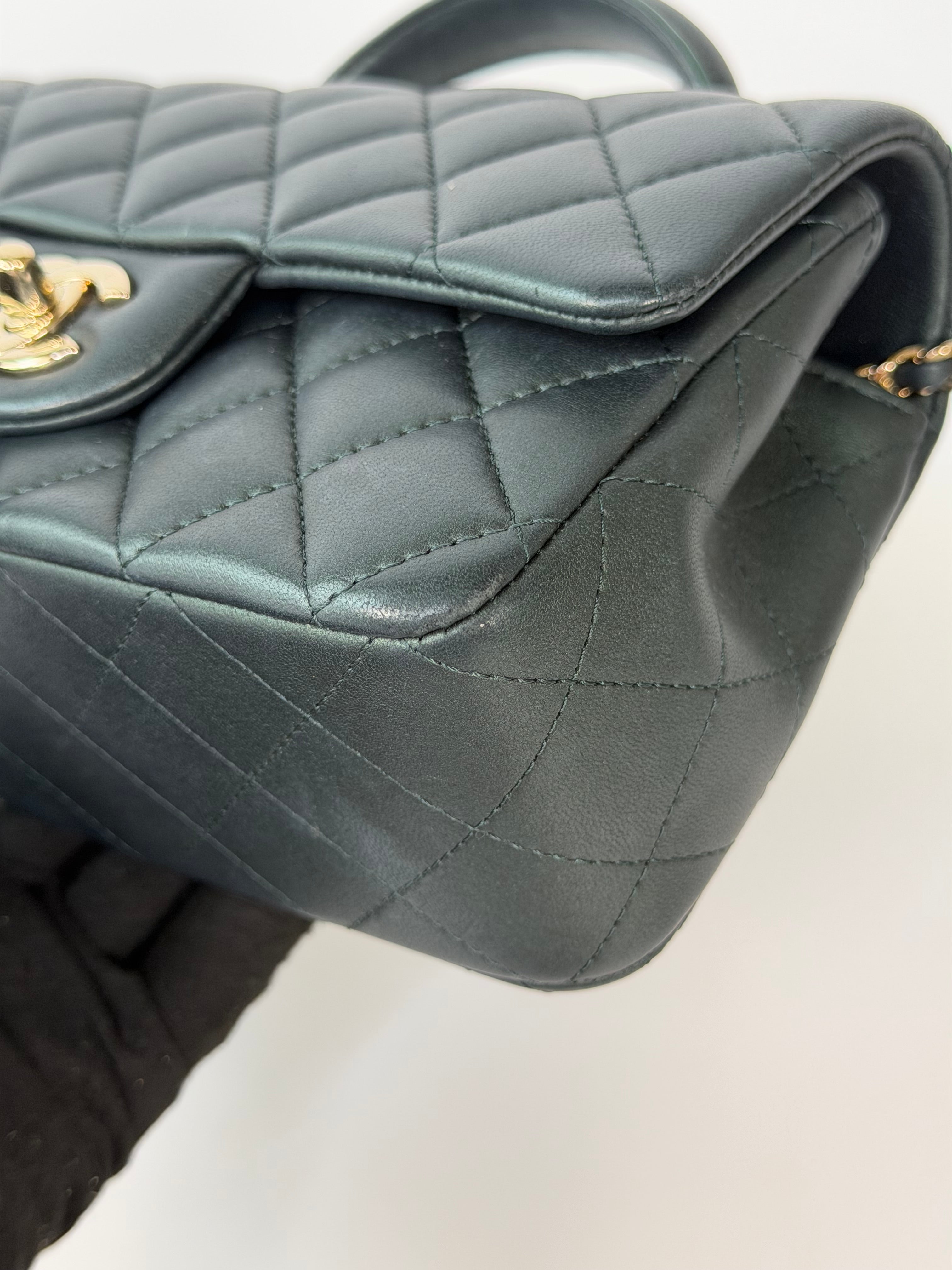 Chanel Mini Rectangle Top Handle In Metallic Green Lambskin Leather Gold Hardware. 100% authentic and preloved in excellent condition.