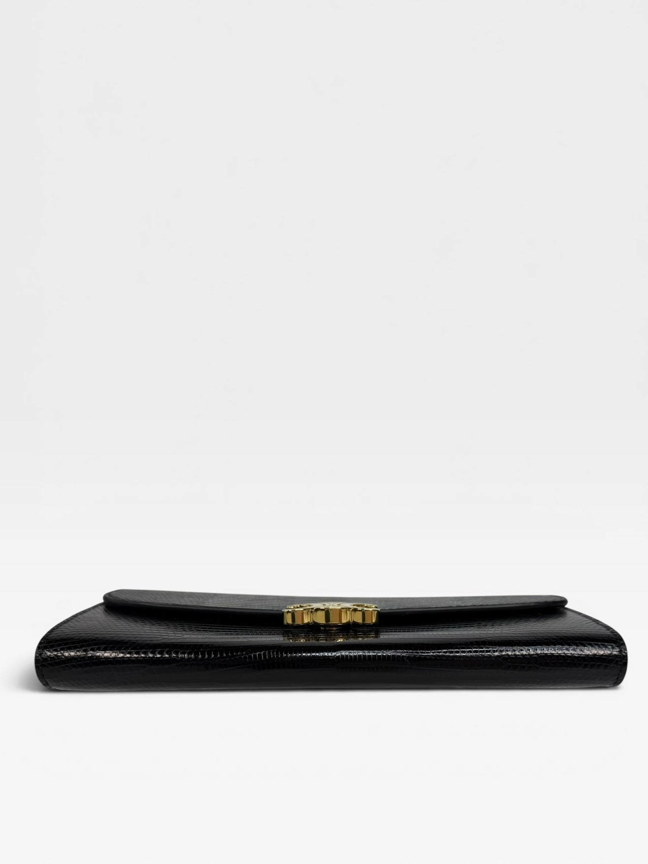 Celine Triomphe Wallet In Black Lizard Embossed Calfskin Gold Hardware. Authentic and preloved in excellent condition